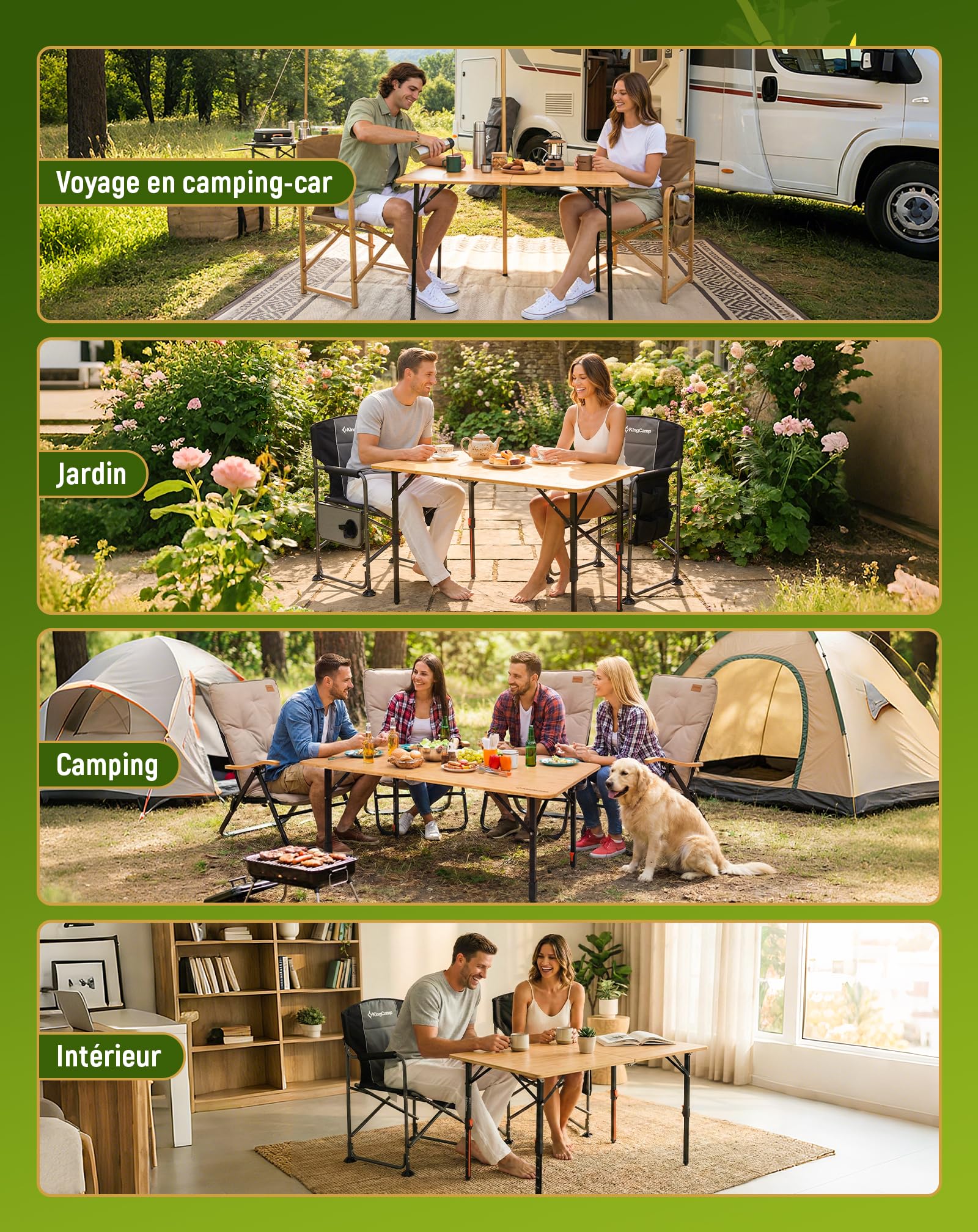 KingCamp Table de camping en bambou avec hauteur réglable (42-70 cm) – Table pliante en bambou, capacité de charge 120 kg, pliable pour camping, jardin, balcon et pique-nique, 120 x 70 cm