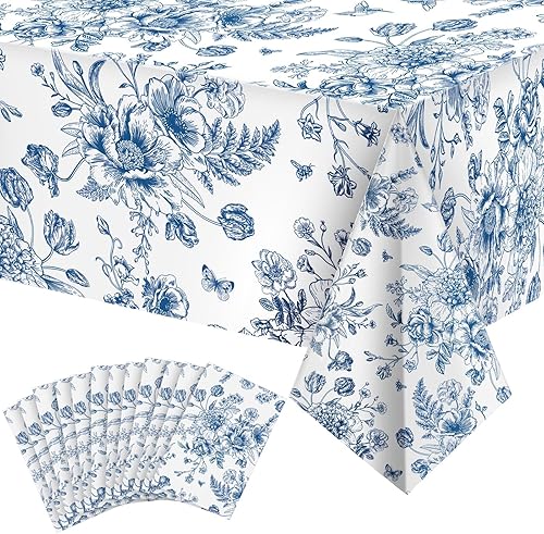 Miniatura 9 de Tiamon 6 manteles de plástico florales azules de 54 x 108 pulgadas, manteles rectangulares vintage desechables con flores azules azul marino y