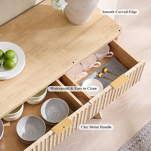 Miniatura 5 de T4TREAM Armario grande para bufé con almacenamientos, mesa de buffet moderna acanalada de 60 pulgadas, gabinete de almacenamiento de bar de vino con