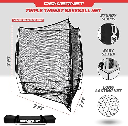 Miniatura 3 de PowerNet Red de entrenamiento de béisbol de triple amenaza, red de bateo o lanzamiento de 3 vías de 7 pies x 7 pies, cubre 147 pies cuadrados,