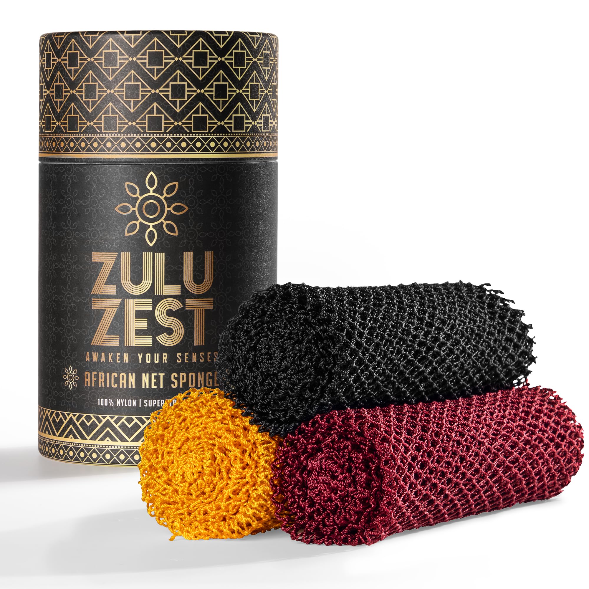 Zulu Zest Authentic African Net Sponge – 3-Pack Exfoliating Mesh for Face & Body, Deep Clean, Quick Dry, Long-Lasting Bath Scrubber for All Skin Types, Travel-Friendly & Durable (Black, Yellow, Red)
