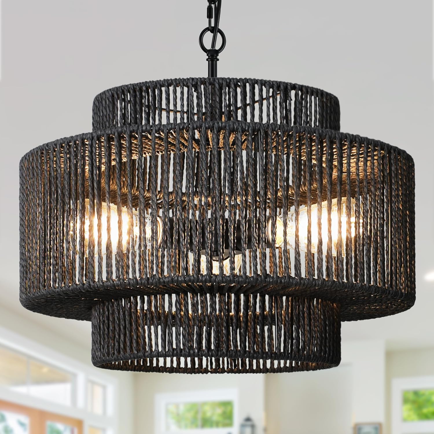18" Rattan Pendant Lights Black Hand-Woven Rattan Chandelier 3-Light Woven Pendant Light 3-Tier Wicker Pendant Lights Rustic Light Fixtures Boho Chandelier for Dining Room Kitchen Island Balck-Black Finish 18 in (3-Light)