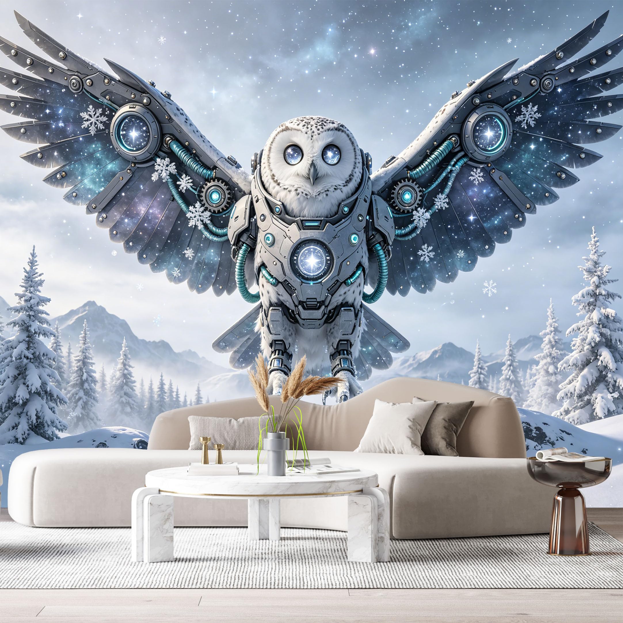 Custom Size Wall Mural Mechanical Snow Owl Cybernetic Bird Futuristic Winter SciFi Mech SelfAdhesive Art Prints Removable Large Wallpaper Esports Room Game Room Tenant Room Studio