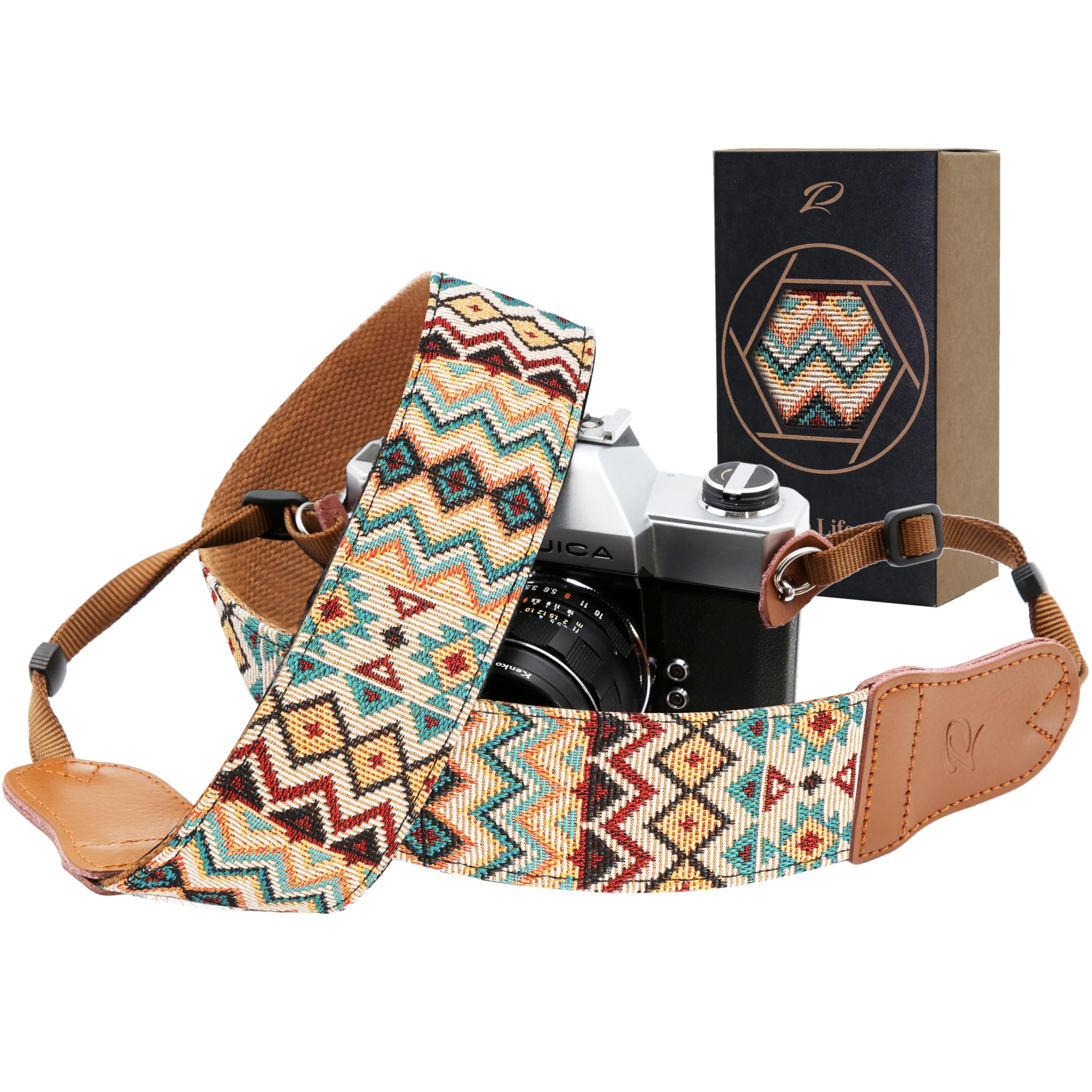 Padwa Lifestyle Cool Ethnic Style Apricot Camera Strap - 2"Cowhide Head Camera Straps for Photographers,Vintage Jacquard Embroidery Woven Cotton Adjustable Shoulder Neck Straps for Cameras,Binoculars