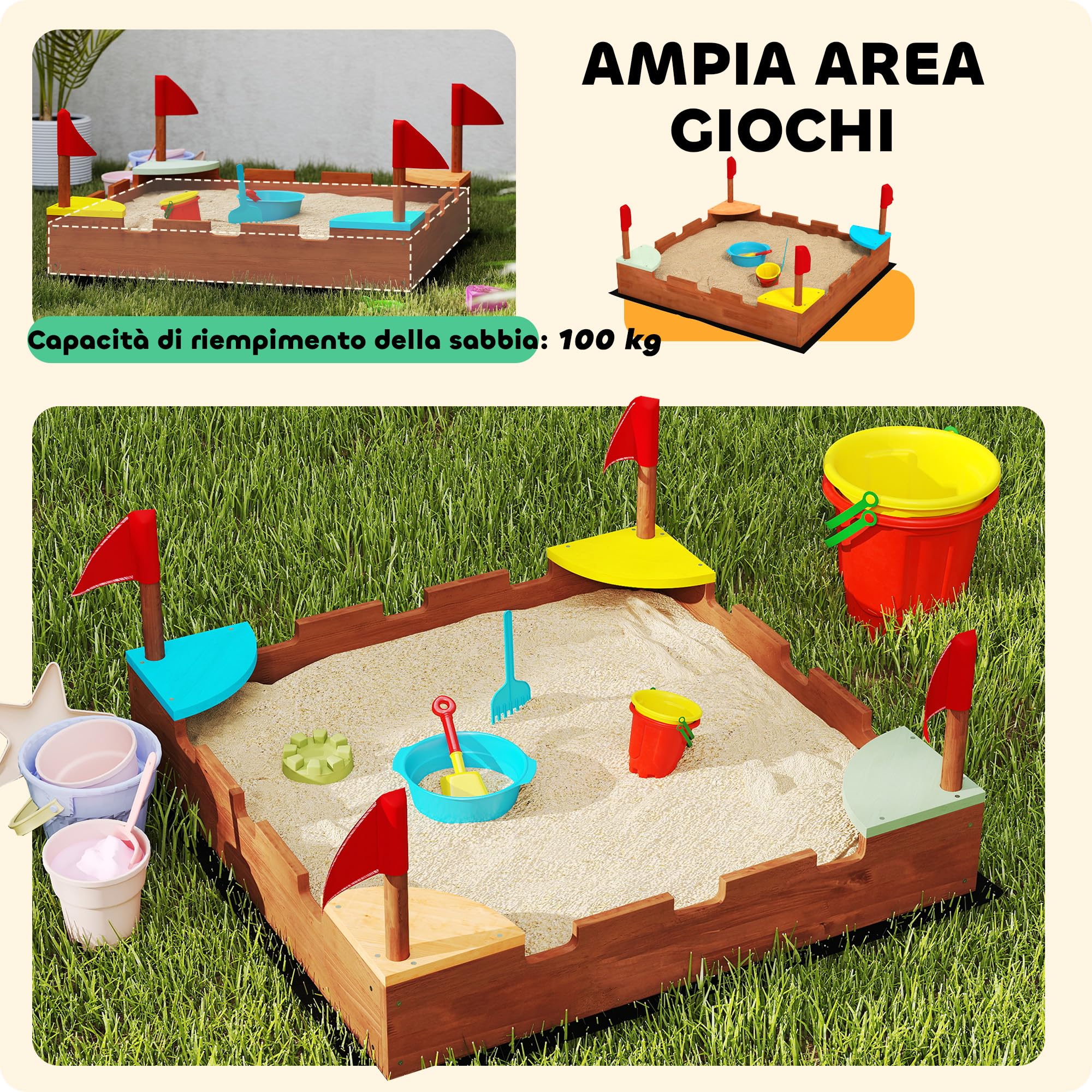 AIYAPLAY Sabbiera per Bambini 3-7 Anni a Forma di Castello con 4 Sedute con Bandierine, Sabbionaia per Bambini in Legno di Abete, 90x90x17 cm, Multicolore