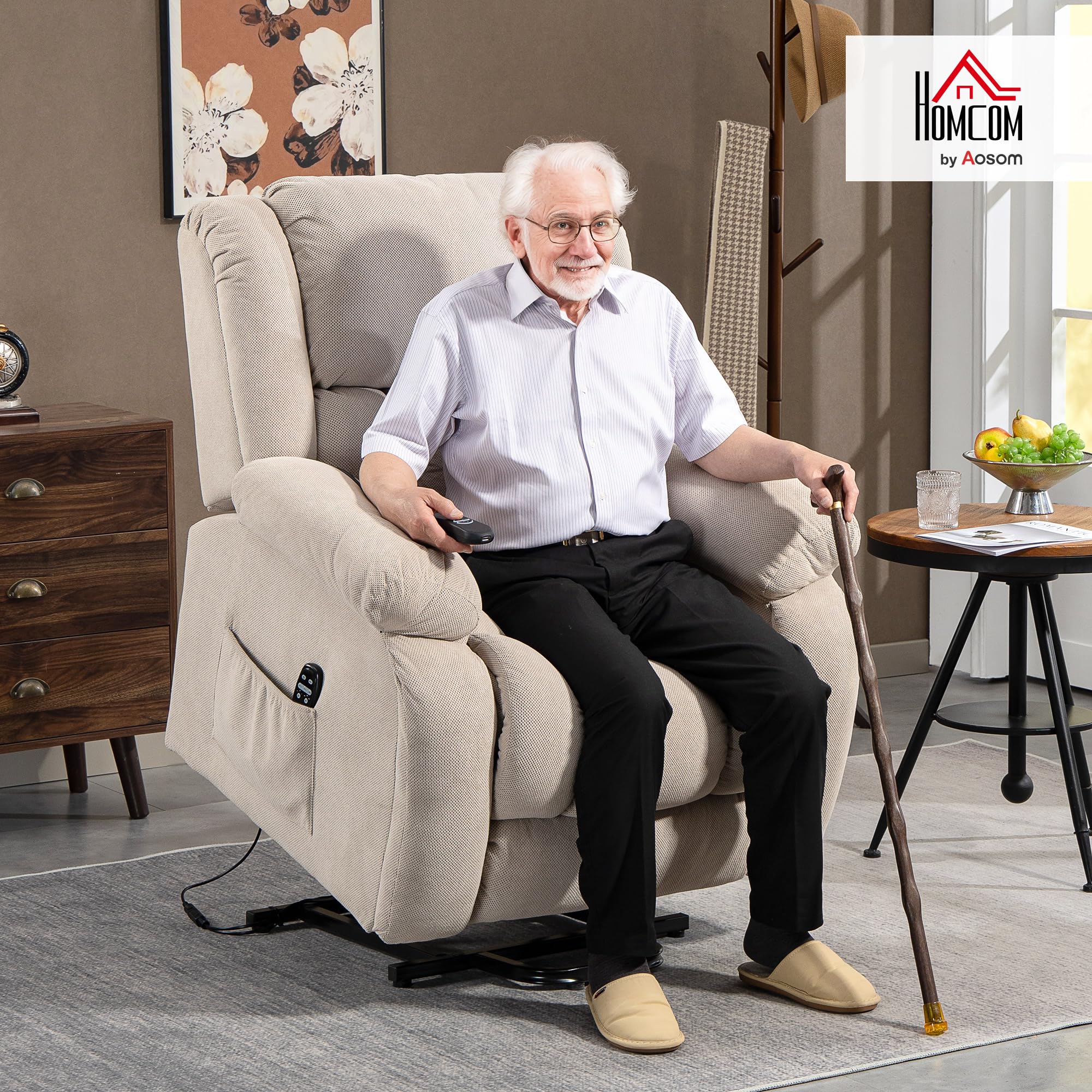 HOMCOM - Silla elevadora eléctrica con función de masaje y calefacción, sillón relax eléctrico con respaldo reclinable, puertos USB, mando a distancia, reposapiés y bolsillo lateral, color beige