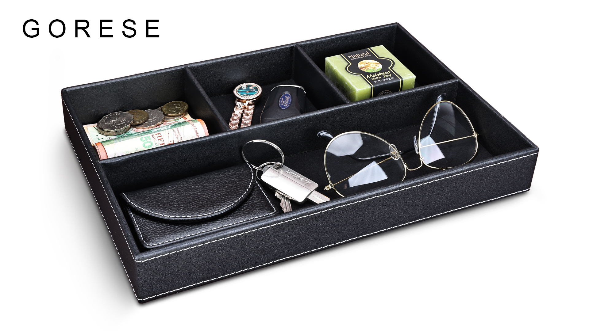 Vassoio In Pelle Organizer Scrivania - Portaoggetti Per Chiavi, Occhiali, Gioielli, Nero - Foto 14