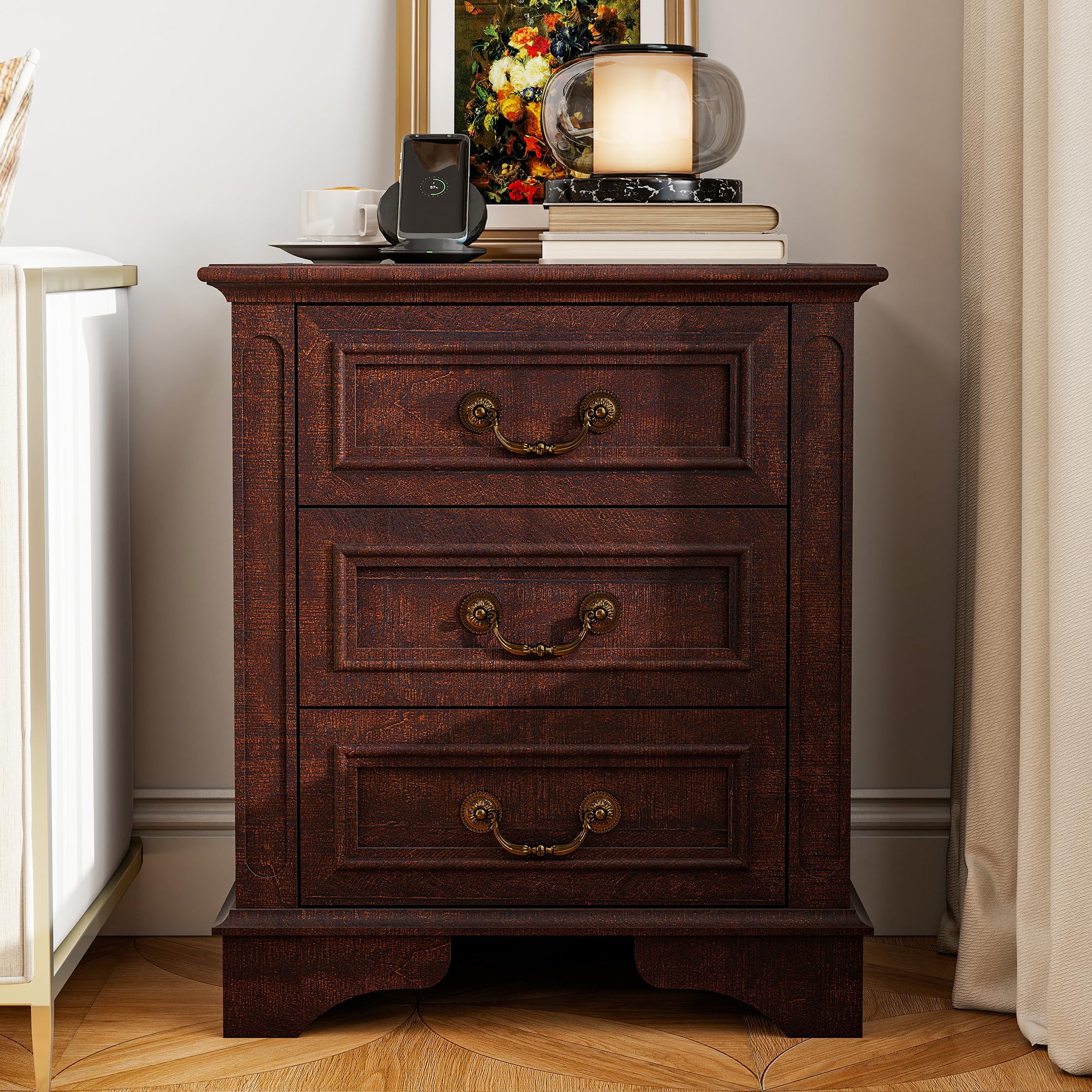 GlowVitaHome 3-Drawer Nightstand with Charging Station, Farmhouse Bedside Table with 2 AC Outlets & 2 USB Ports, Waterproof Wooden End Table for Small