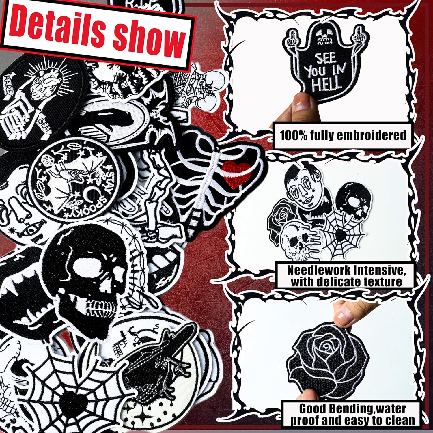 Meneng Goth Embroidered Patches for Clothing: 30PCS Cool Iron on Patch Skull Rose Sew on Applique for DIY Crafts - Vintage Gothic Dark Aesthetic Patches for Jacket Hat Jean Vest Backpack Decor