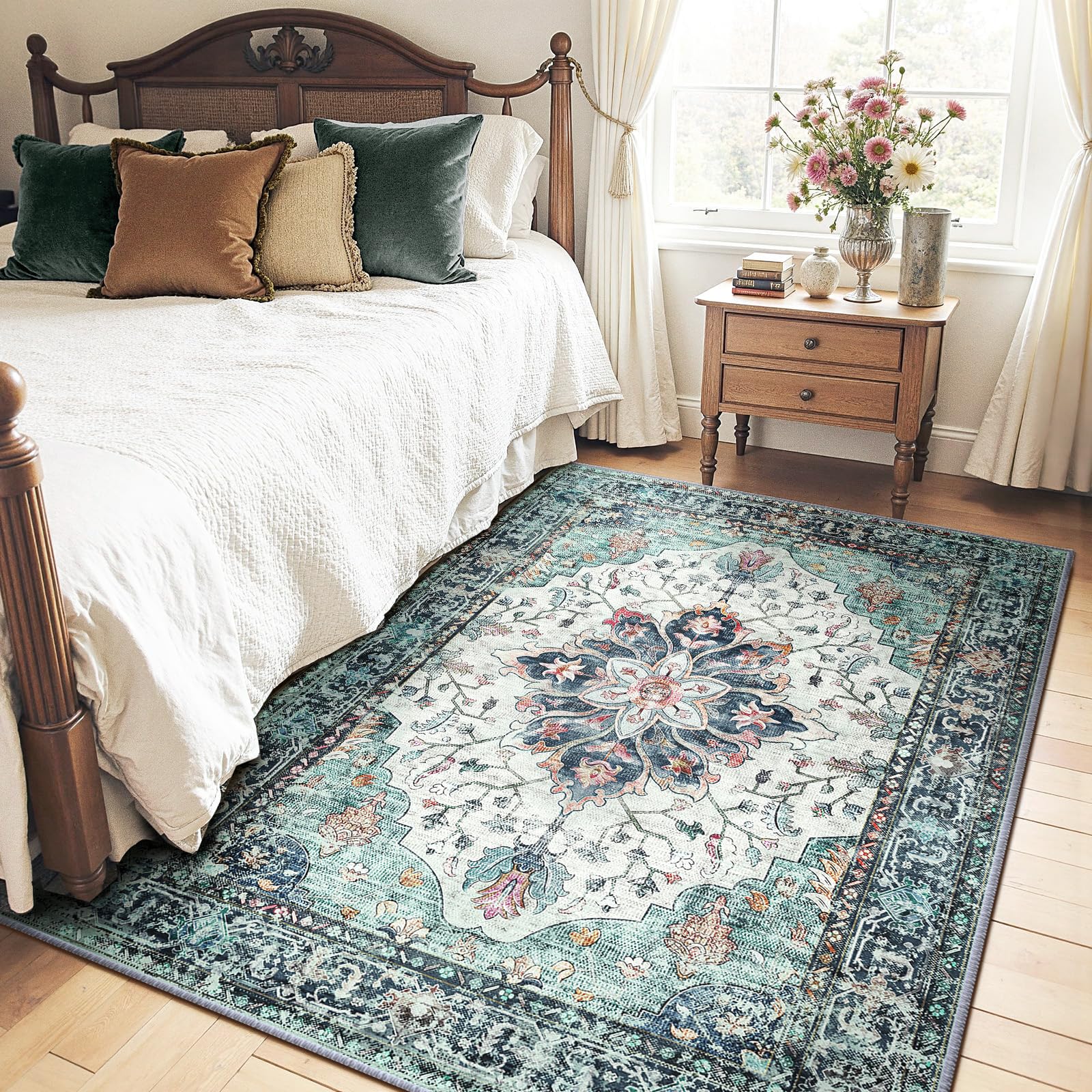 RELEANY Area Rugs 4'x6' Washable Non-Slip, Floral Vintage Distress Print Pattern Medallion Carpet for Living Room Bedroom Dining Room, Green Navy Blue