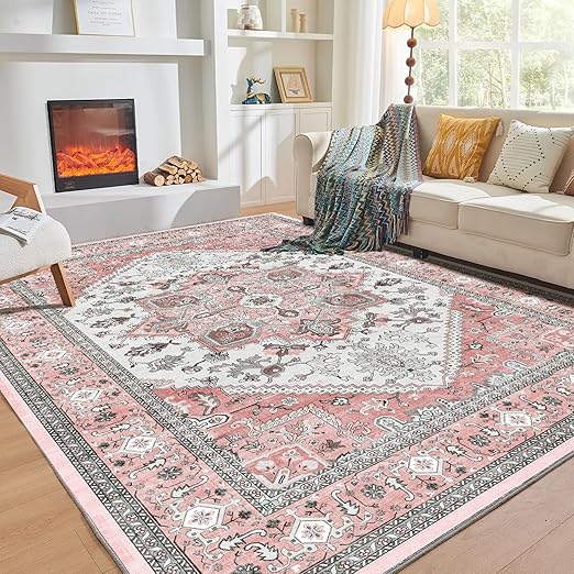 OPPODREAM Soft 8x10 Area Rugs, Washable Rugs 8x10 with Non Slip Backing, Faux Cashmere Low-Pile 8 x 10 Carpet, Pink & Cream