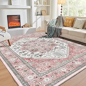 OPPODREAM Soft Area Rugs 4x6, Low-Pile Washable Rugs 4x6 with Non Slip Backing, Faux Cashmere 4 x 6 Throw Carpet, Pink & Cream