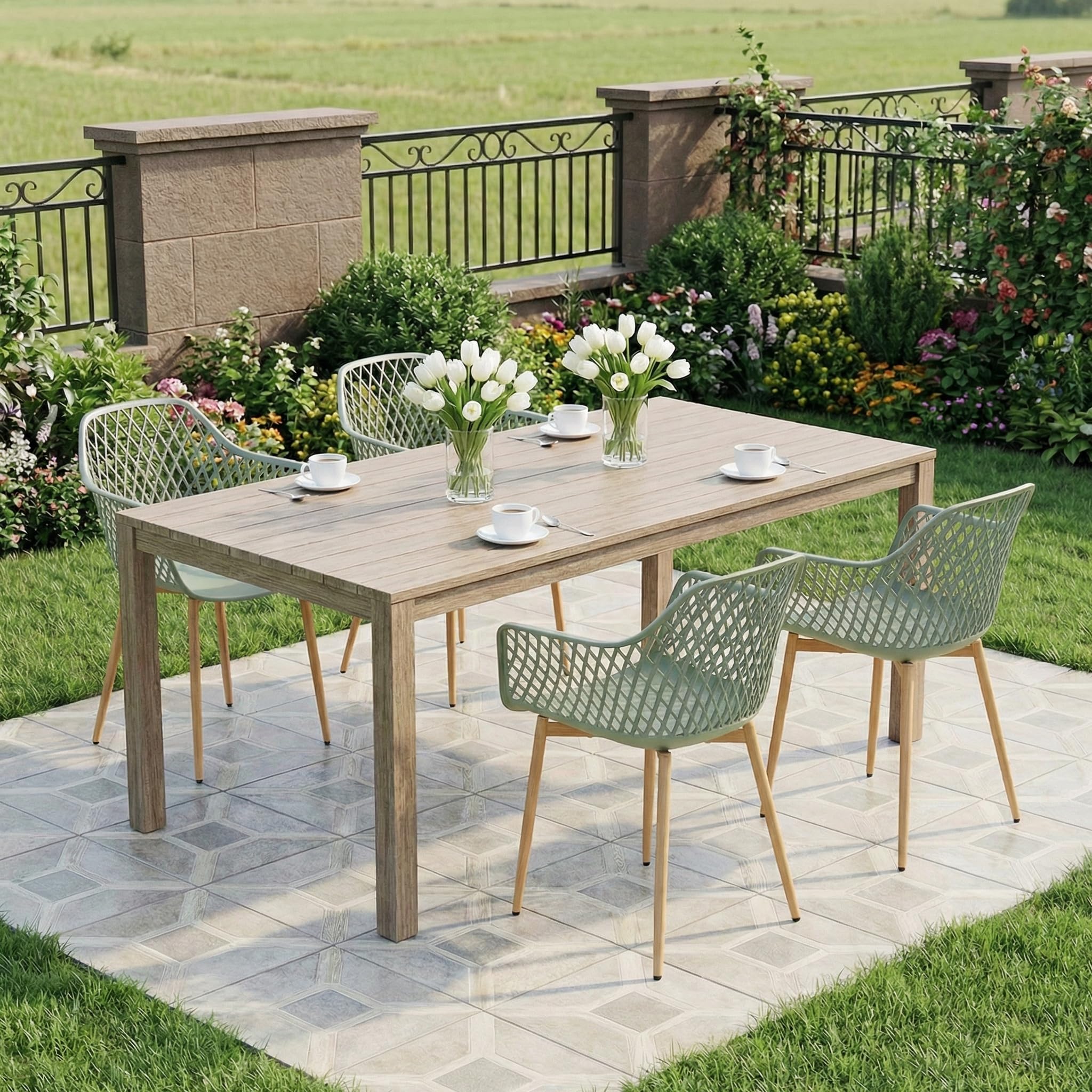 buybyroom Set de 6 sillas de jardín para exteriores, de plástico, para balcón con patas de metal, capacidad de carga 120 kg, color: gris/verde