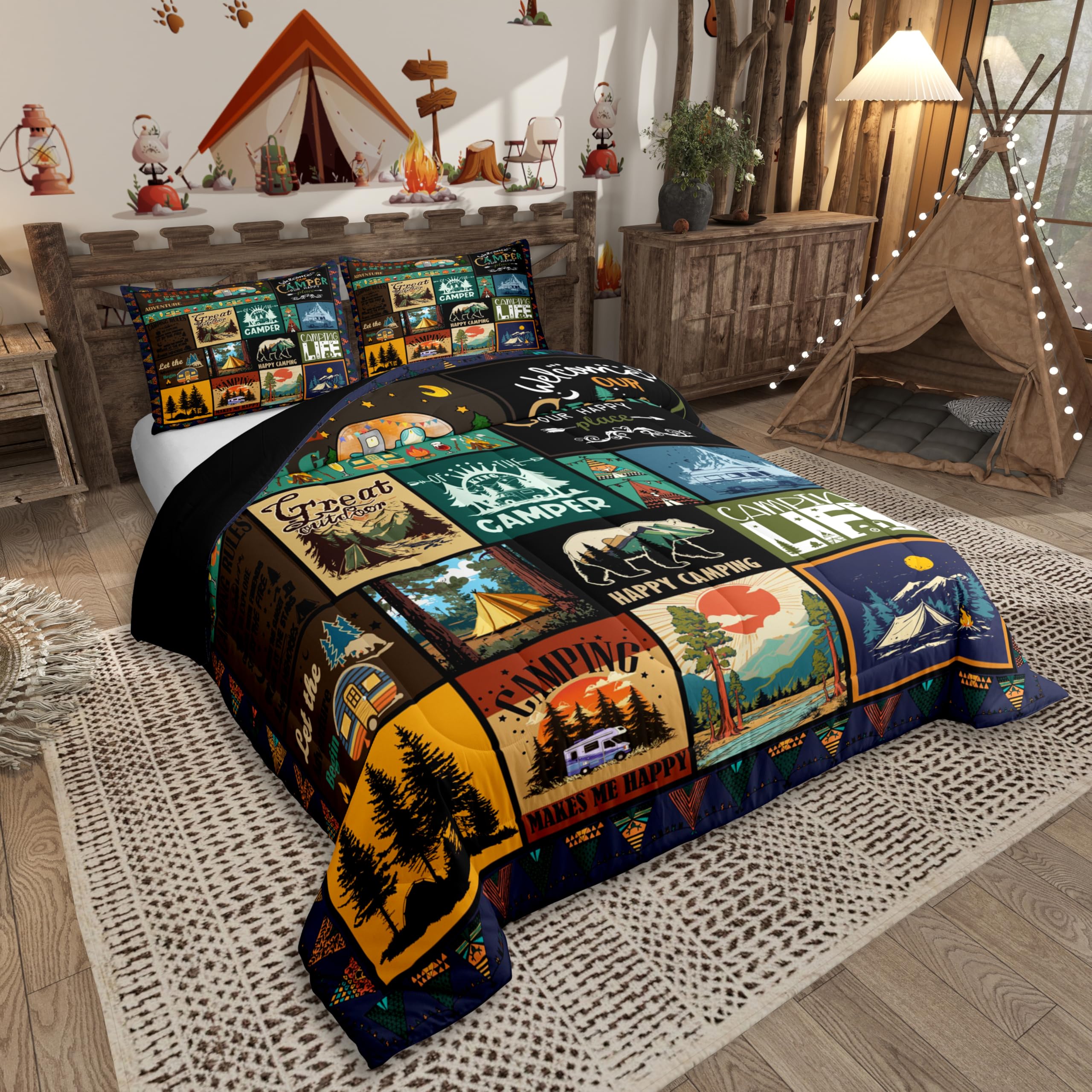 Erosebridal Camper Comforter Set for Kids Girls Boys Twin Camping Themed Bedding Sets,RV Comforter Set Camping Decor for Camper Gifts,Country Farmhouse Quilt Bed Set for Travel Trailers 2Pcs