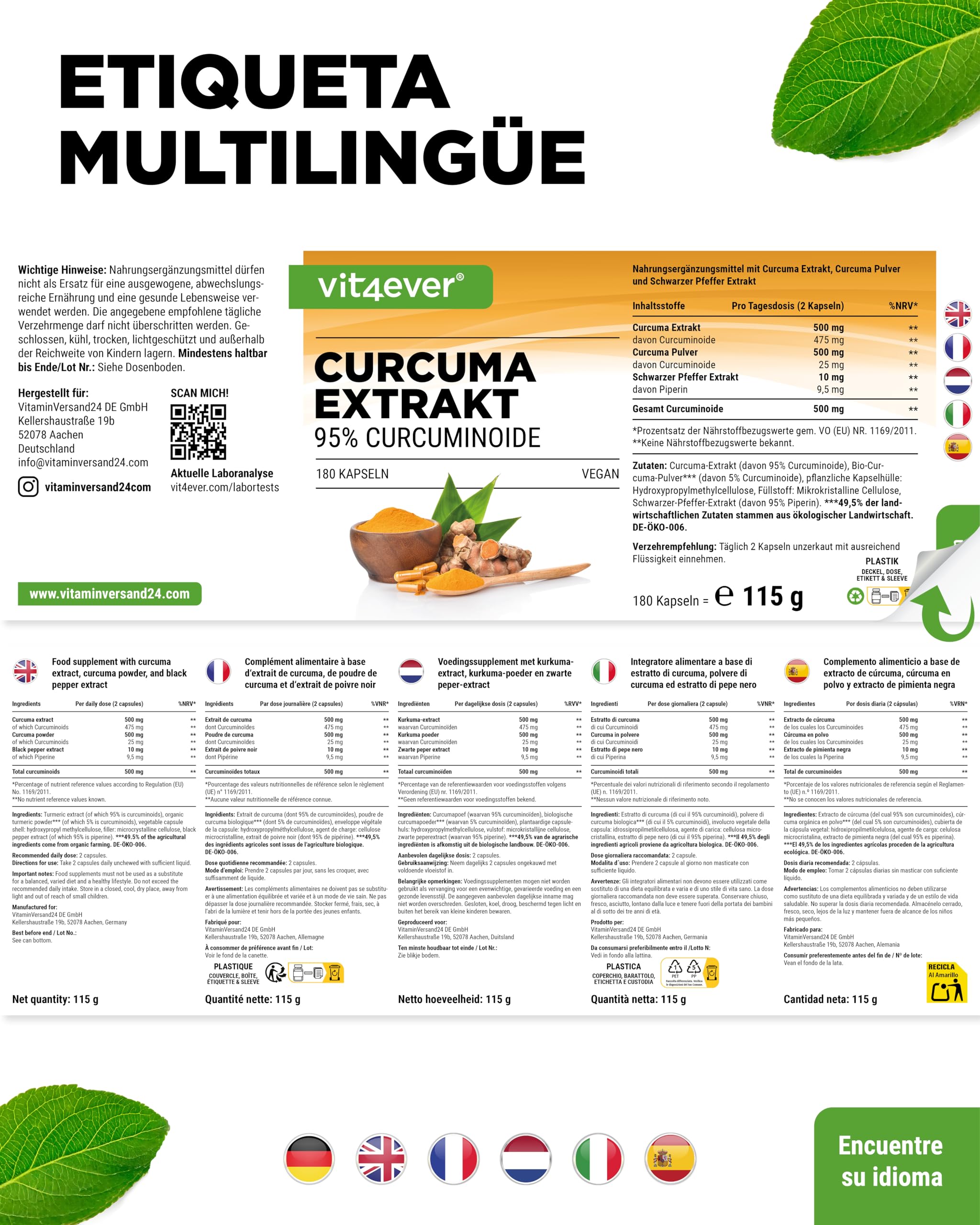 vit4ever Extracto de Cúrcuma de alta dosis - 180 Cápsulas - 500 mg de Curcumina por porción diaria - 95% de Curcumina – Premium Extracto de Kúrkuma high dose - Vegano, sin aditivos innecesarios