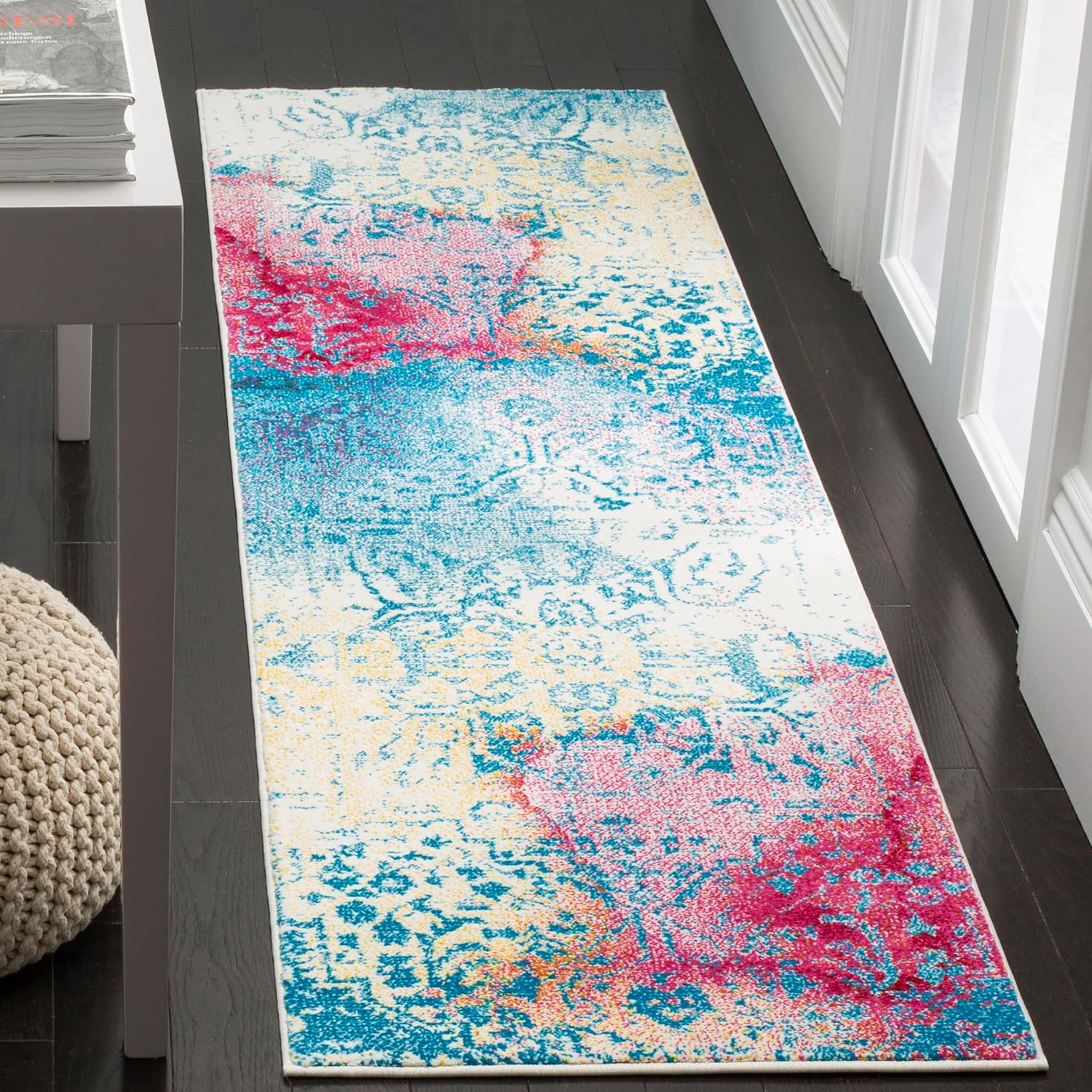 SAFAVIEH Watercolor Collection Runner Rug - 2'3" x 8', Light Blue & Light Yellow, Overdyed Medallion Design, Non-Shedding & Easy Care, Ideal for High Traffic Areas in Living Room, Bedroom (WTC620G)