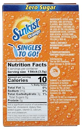 Sunkist, Powdered Drink Mix Sticks Zero Sugar Singles to Go Orange 6 Count, 0.74 Ounce