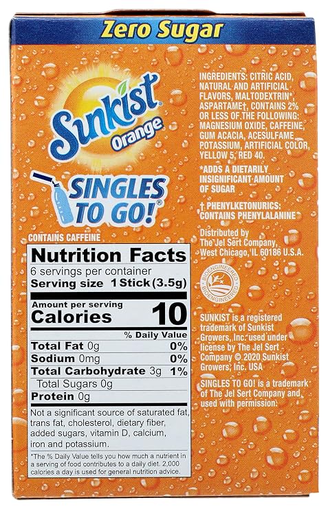 Sunkist, Powdered Drink Mix Sticks Zero Sugar Singles to Go Orange 6 Count, 0.74 Ounce