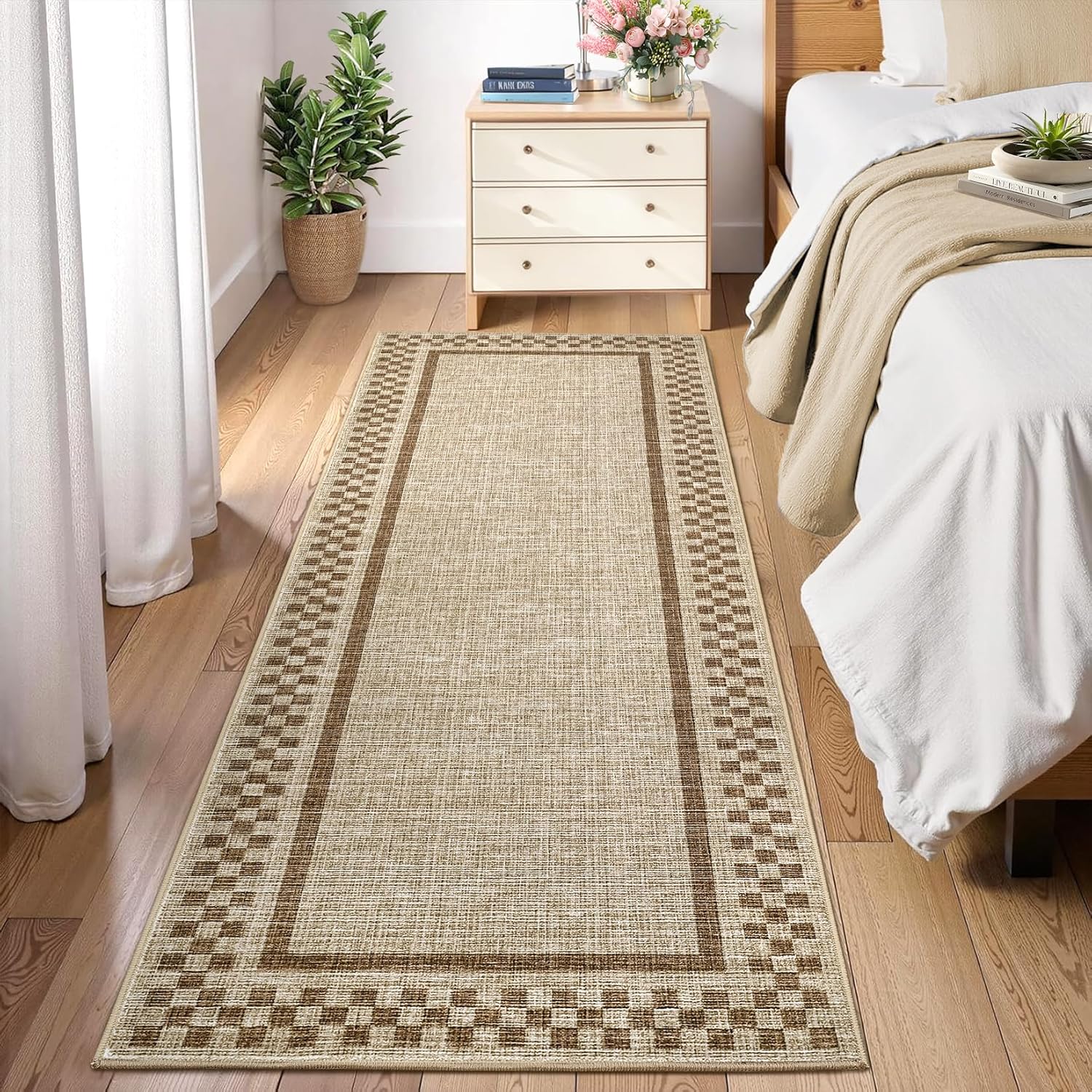 GarveeHome Kitchen Runner Rug Washable Runner Rug 2x6 for Hallway Non Slip Soft Throw Runner Carpet Modern Bordered Bathroom Mat Low Pile Checkered Runner Rugs for Bedroom Living Room Entry, Taupe