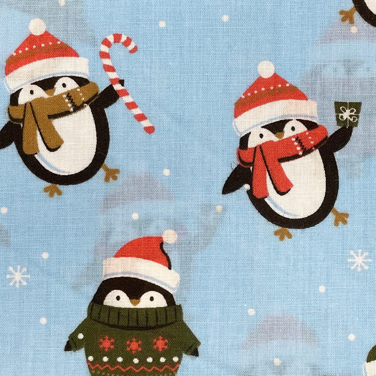 Christmas Fabric - Cute Penguins on Blue - Polycotton Xmas Craft Fabric Material Metre