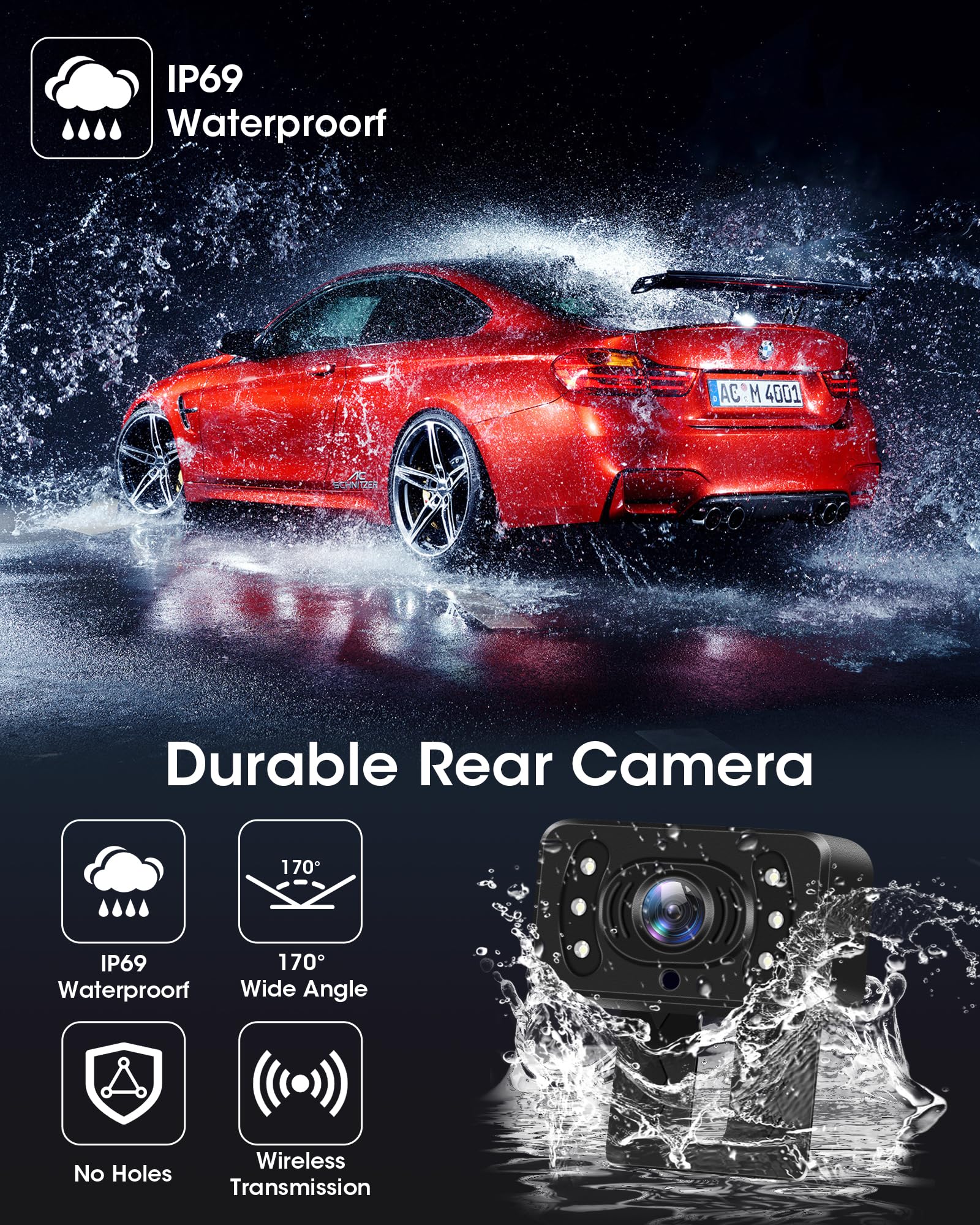 【Stabilny sygnał】AHD 1080p kamera cofania bezprzewodowa, bezprzewodowa kamera cofania do samochodu z monitorem 5", 6 diod LED, szerokokątny kąt widzenia 170°, wodoszczelność IP69, przewodnik "zrób to