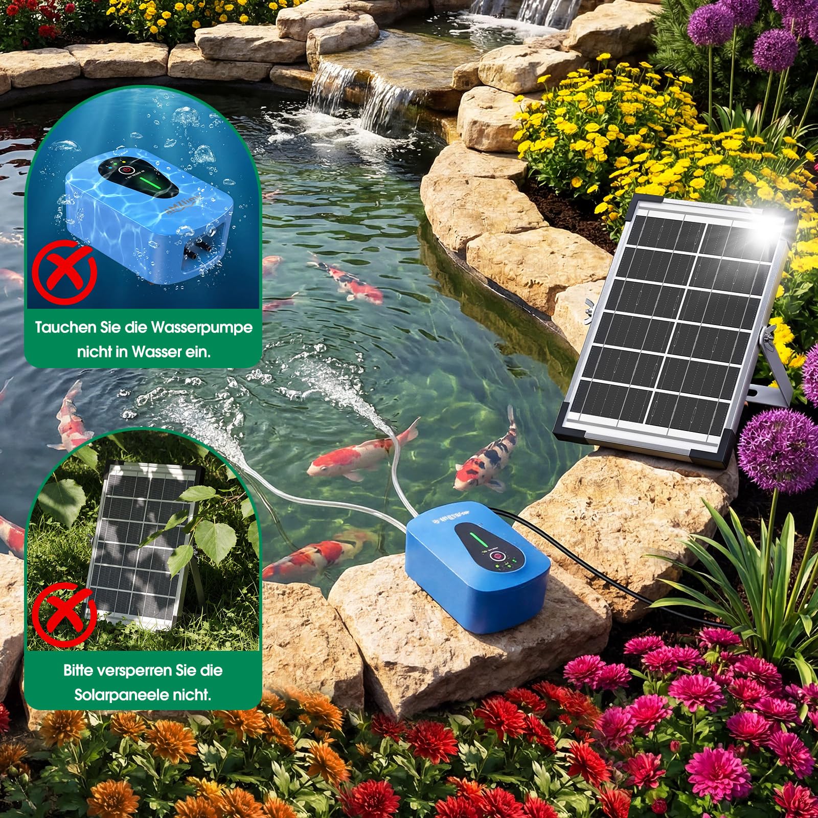 AMZtime 8 W Teichbelüfter Sauerstoffpumpe für Teich, Doppelpumpen Design Solar Sauerstoffpumpe mit Akku, Sauerstoff Luftpumpe 3 Modi 4 Luftsteine für Gartenteich, Angeln, Hydroponic