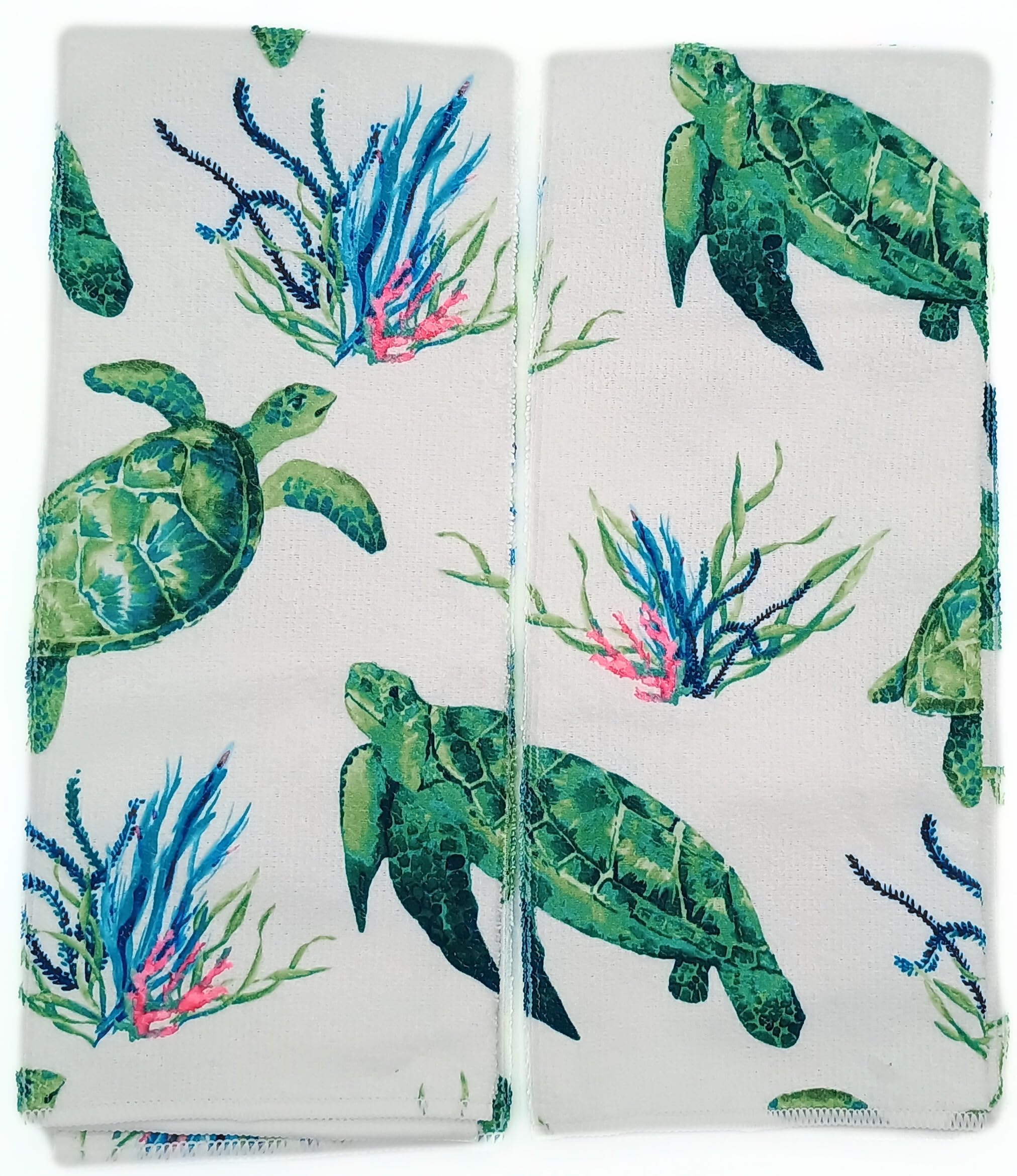 Sg6 Sea Turtle Kitchen Towel Set, 2 Decorative Towels 15x25 inches and Drying Mat 12x18 inches, Coastal Design, Light Weight, White and Green