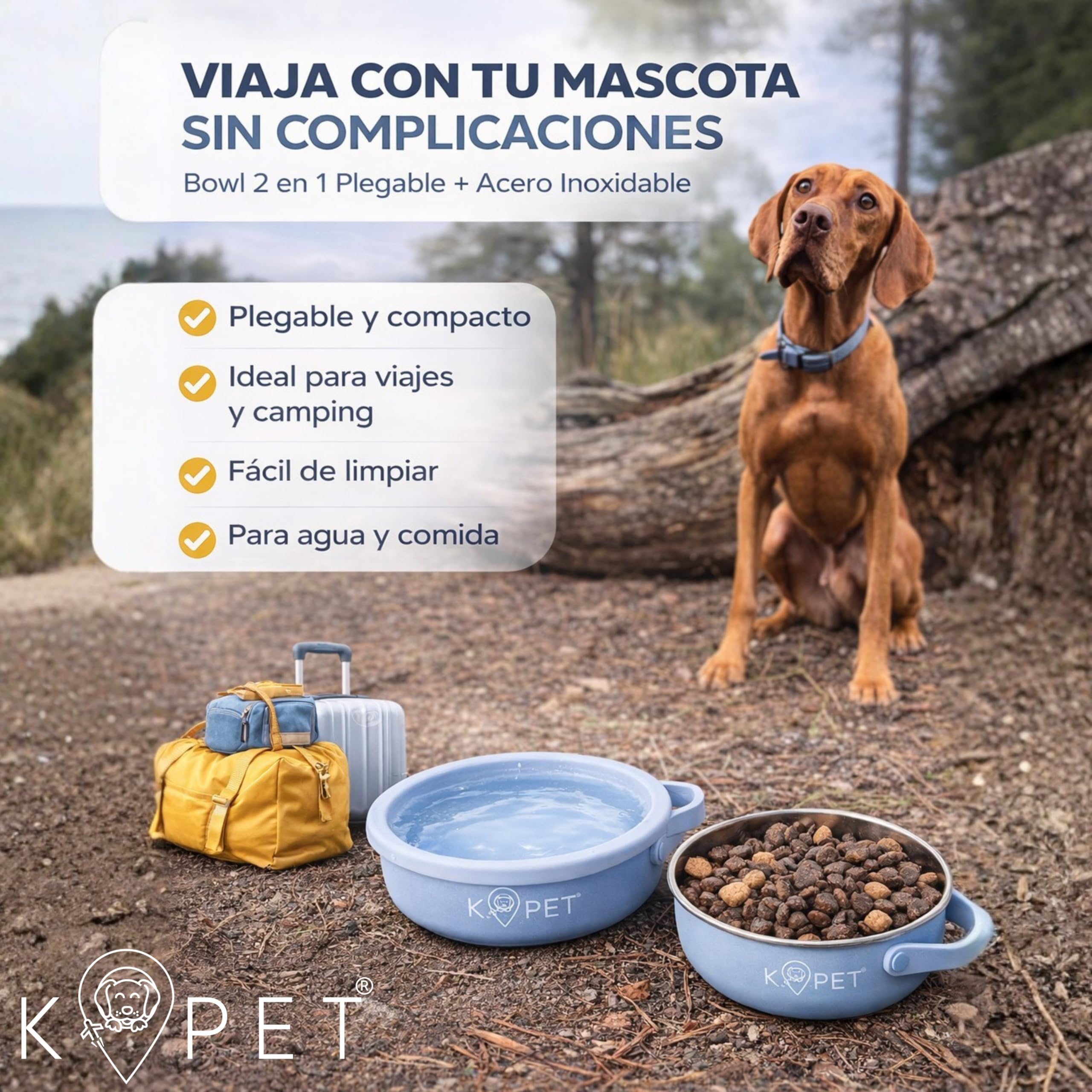 KPET® Comedero y Bebedero Plegable 2 en 1 para Perros y Gatos – Bowl Portátil de 900 ml con Acero Inoxidable + Tazón Silicona, Antideslizante y Fácil de Limpiar – Ideal Coche, Viajes y Senderismo