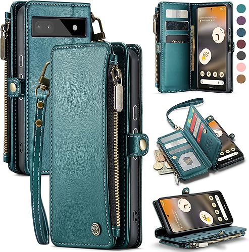 Miniatura 1 de Defencase Funda para Google Pixel 6A, cartera con bloqueo RFID para mujeres y hombres, piel sintética, tapa magnética, tarjetero con cremallera,