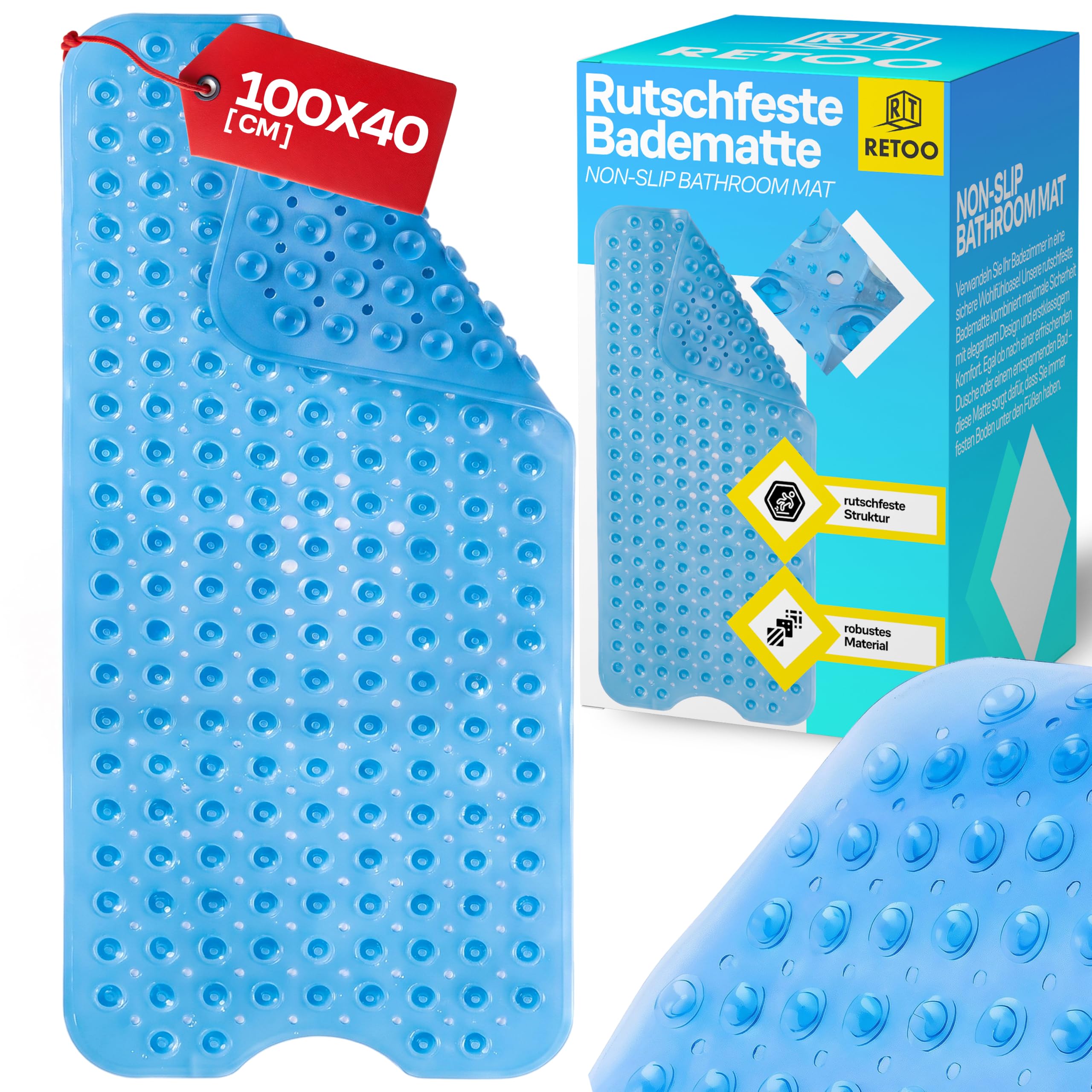 Retoo Bath Mat Non-Slip 100 x 40 cm, Shower Mat with Suction Cups, Machine Washable, Safe Bath Mat for Sensitive Skin, Multifunctional Mat for Bathroom, Shower, Pool, Rubber, Blue