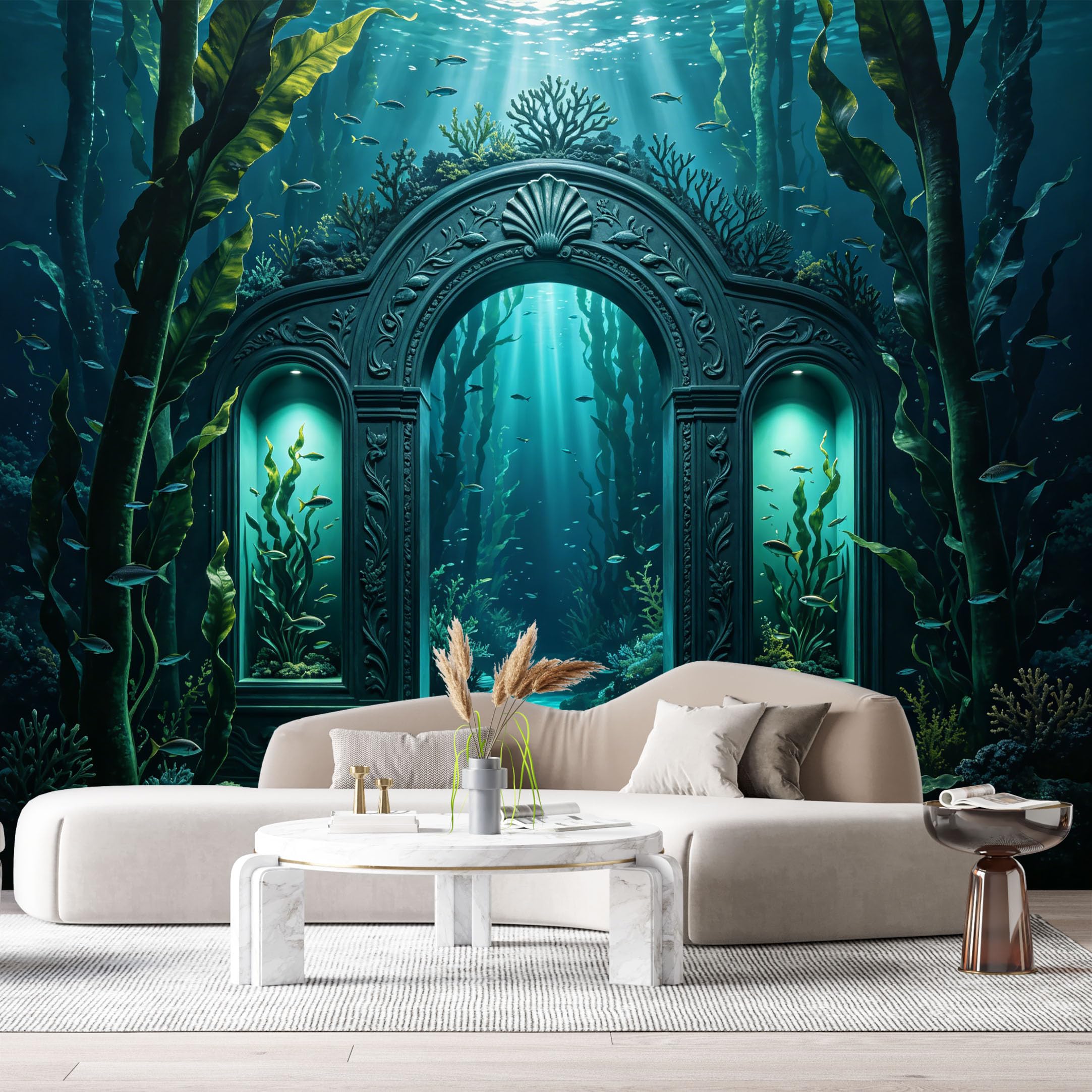 Custom Size Wall Murals Ocean Marine Fantasy Underwater Archway Kelp Forest 3D Trompe L'Oeil SelfAdhesiveWall Fabric Removable Wallpaper Wall Decor for Living Room Bedroom Bathroom