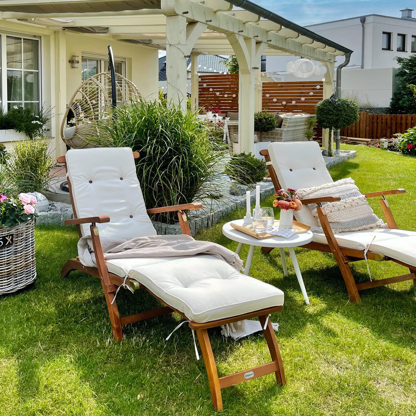 Casaria Lettino Prendisole Queen Mary Legno Acacia Poggiapiedi Rimovibile Sedia Sdraio Giardino Piscina