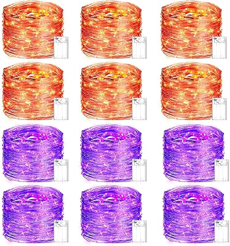 VIHOSE Paquete de 12 guirnaldas de luces de Halloween a pilas, impermeables, alimentadas por pilas, 16.4 pies, 50 luces LED moradas y naranjas,
