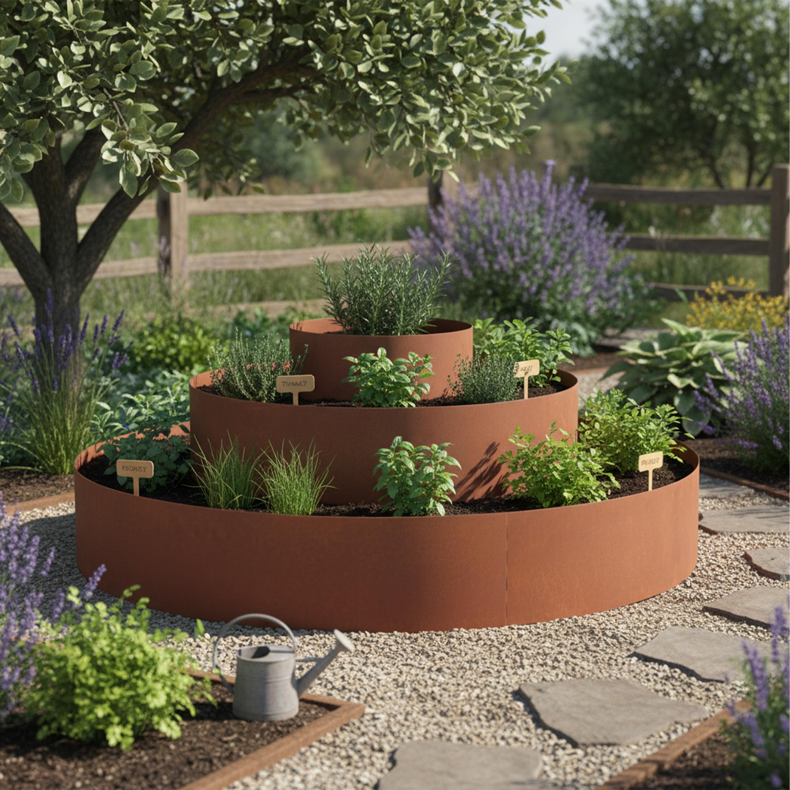 Relaxdays Spirale per Erbe aromatiche, Set 3 pz, Ø 30/60/90 cm, h 20 cm, Effetto ruggine, Acciaio