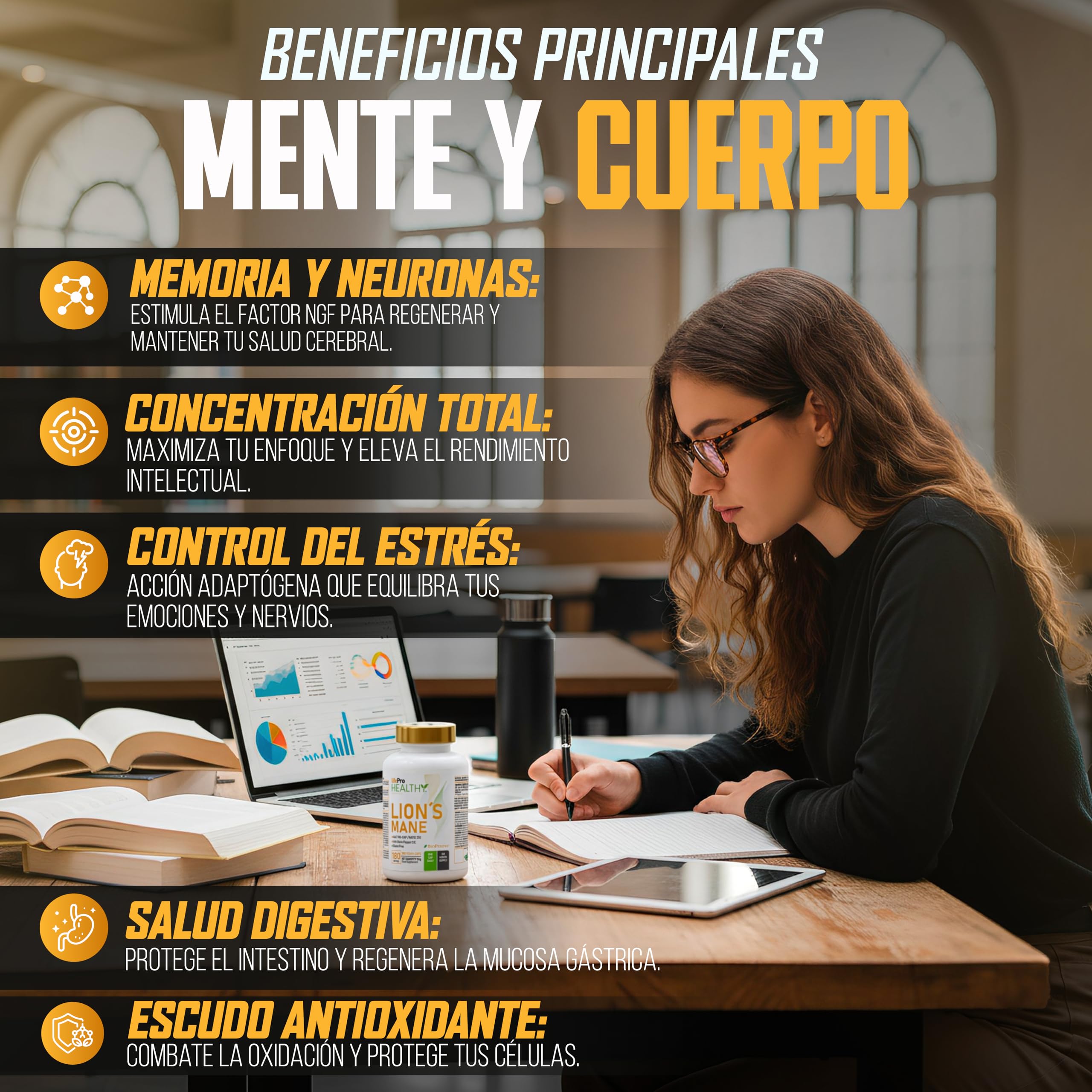 Life Pro Lions Mane capsules o Melena de Leon capsulas superlativa Alta Potencia 16,000mg – Extracto 25:1 Ultra-con BioPerine® – Alto Polisacáridos y Beta-Glucanos – 6 Meses – Nootropico, inmunidad.