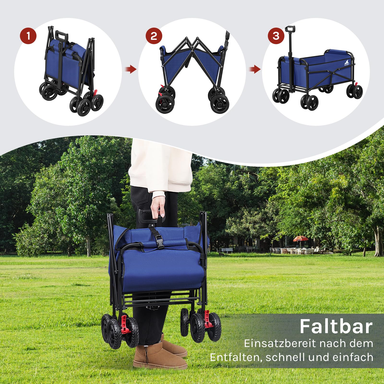 WOLTU Bollerwagen faltbar, Handwagen Transportwagen klappbar, Gartenwagen Strandwagen mit Bremsen Doppelrädern, Trolley für Garten Strand Camping, 80 kg belastbar, Blau