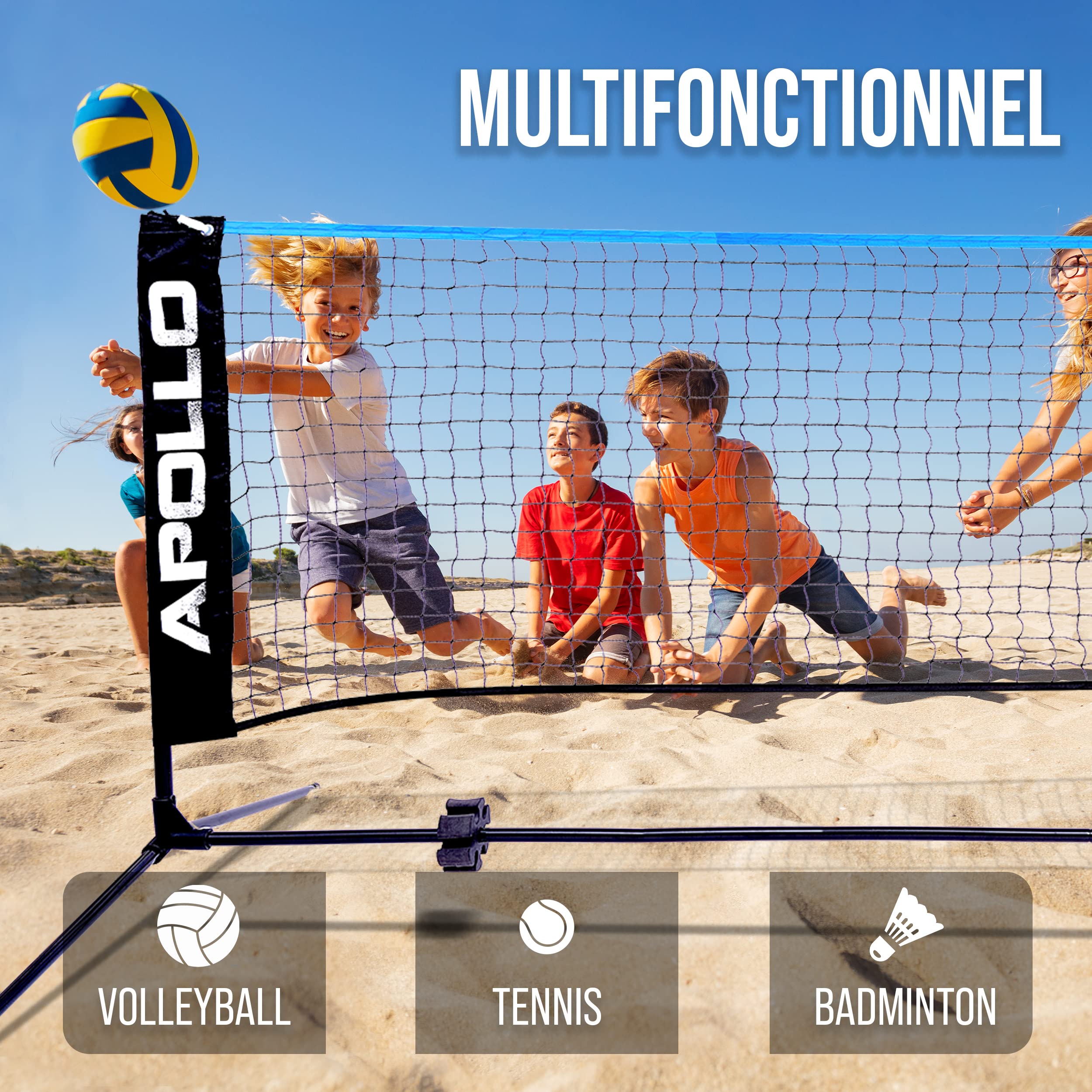 Apollo Filet Badminton | Filet de Volley Ball | 300cm | 400cm | 500 cm | Filet de Badminton Réglable, Set avec Filet de Sport, 3 Volants, Support en Acier, Sac de Transport, Intérieur et Extérieur