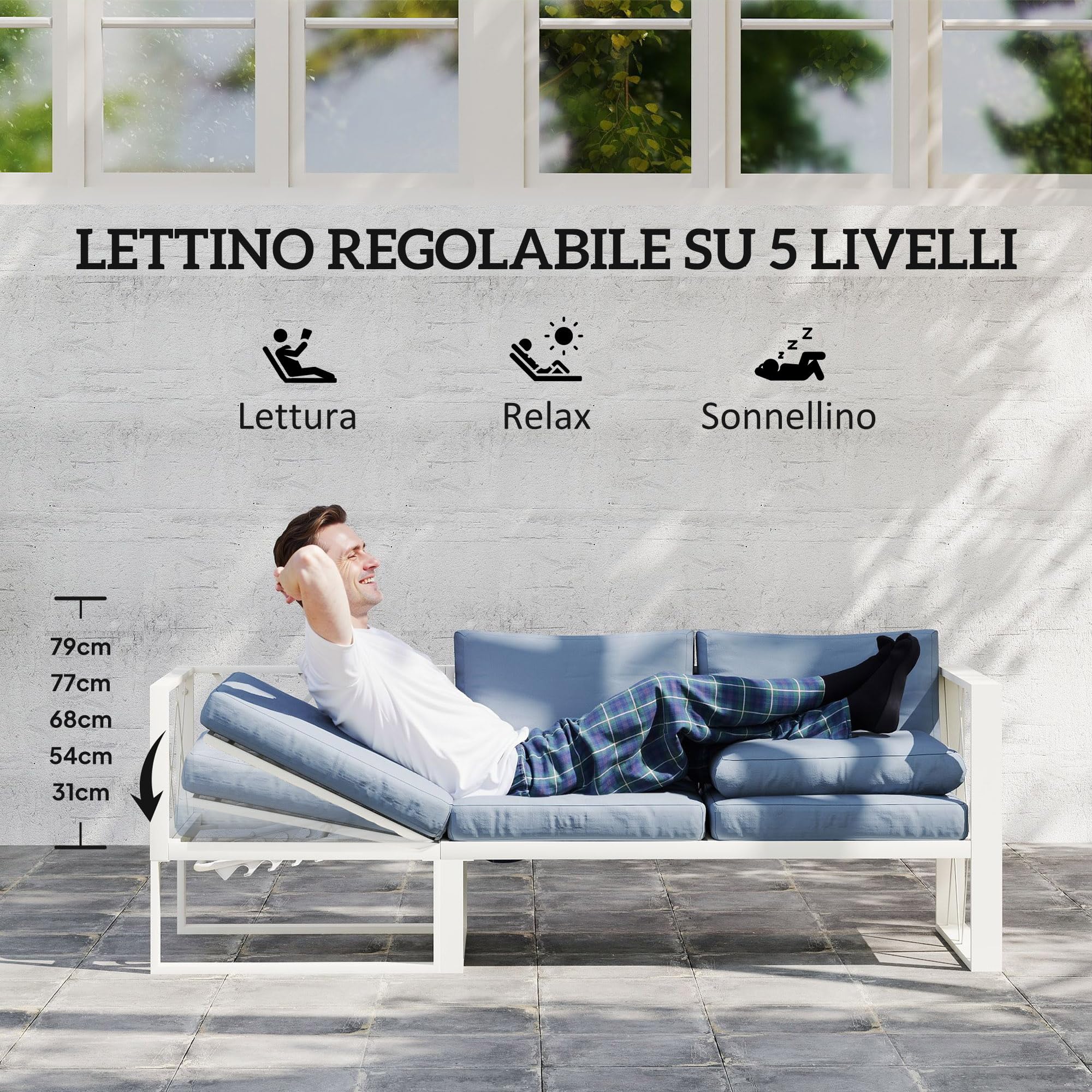 Outsunny Set di Mobili da Giardino 4 Pezzi, Salotto da Esterno Angolare con 2 Divano a 2 Posti, Poltrona Reclinabile a 5 Livelli, Tavolino da Caffè in DPC e Cuscini Lavabili, in Acciaio, Grigio