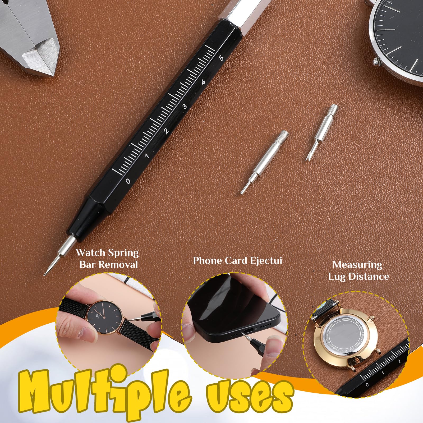 Nogeqi Watch Spring Bar Tool, Stainless Steel Watch Band Tool with Ruler for Adjust, Professional Watches Adjustment Kit for Watchbands Spring Bars Pins Remove and Replace(Black)