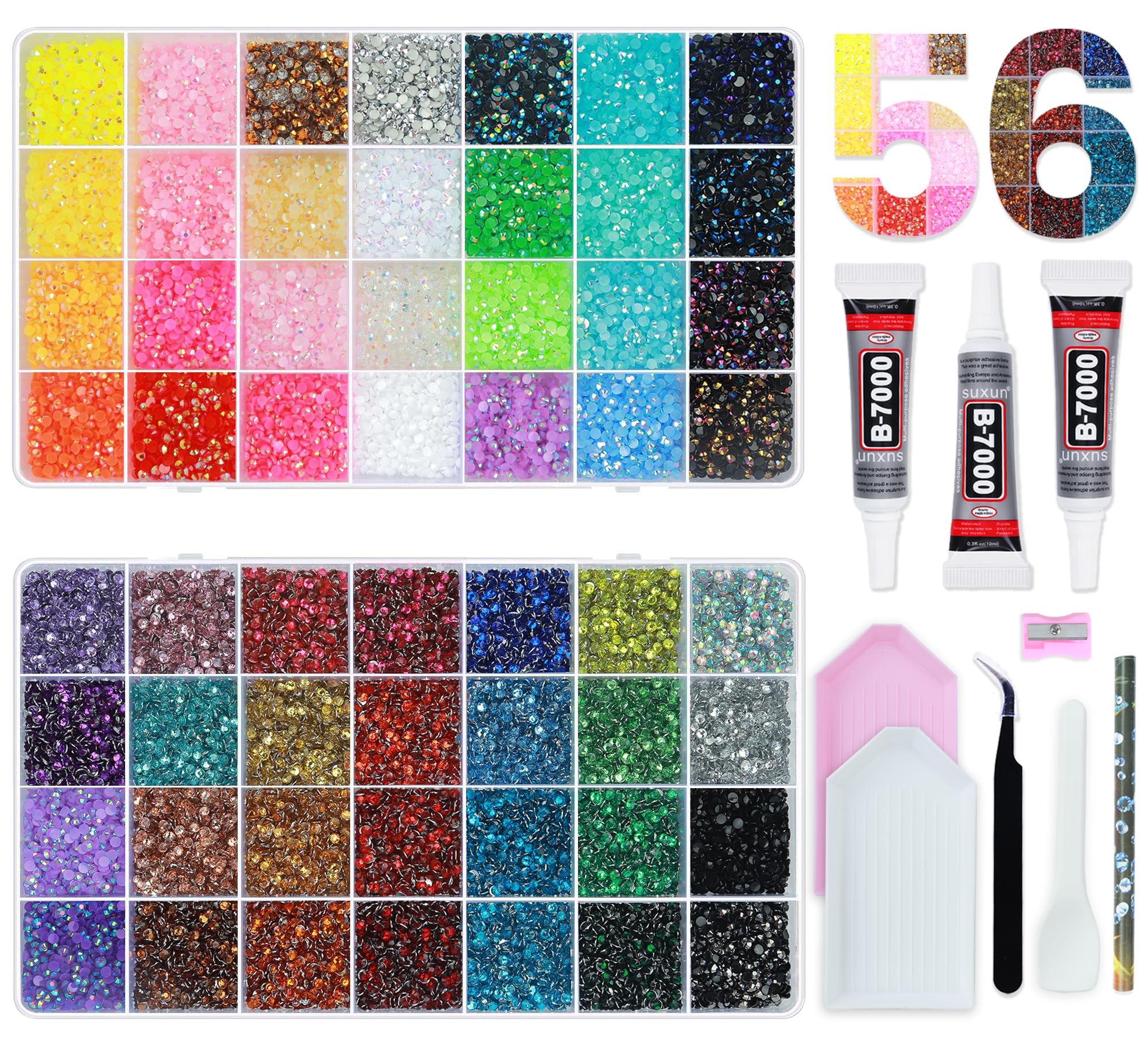 56 Colors Rhinestones for Bedazzling Kit 2 Boxes 3mm Resin Jelly Flatback Gems with 3Pcs 10ml B7000 Glue Multicolor Rhinestone Bedazzle Set for DIY Crafts Clothing Shoes Nails Decoration