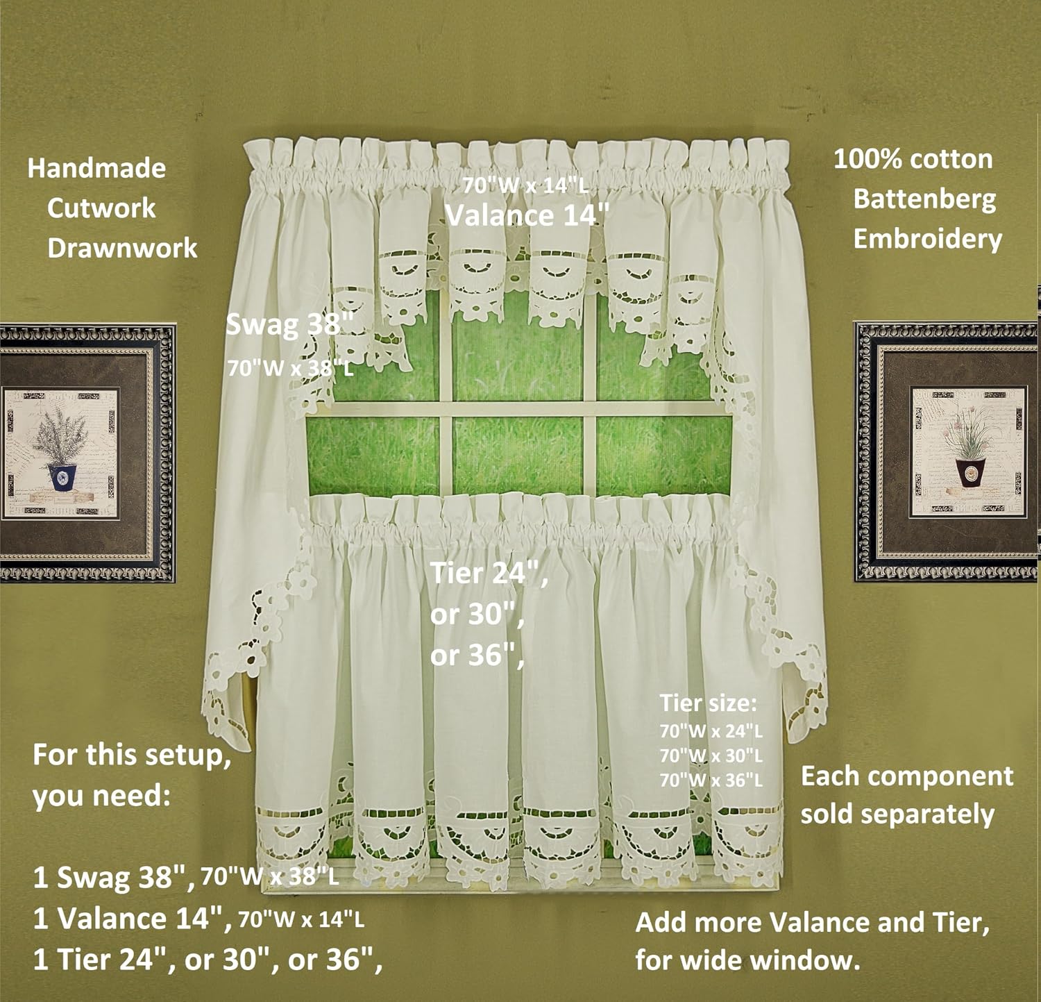 Today's Curtain Imperial Classic Drawn Cutwork Window Swag 38", Beige, 70" W x 38" L