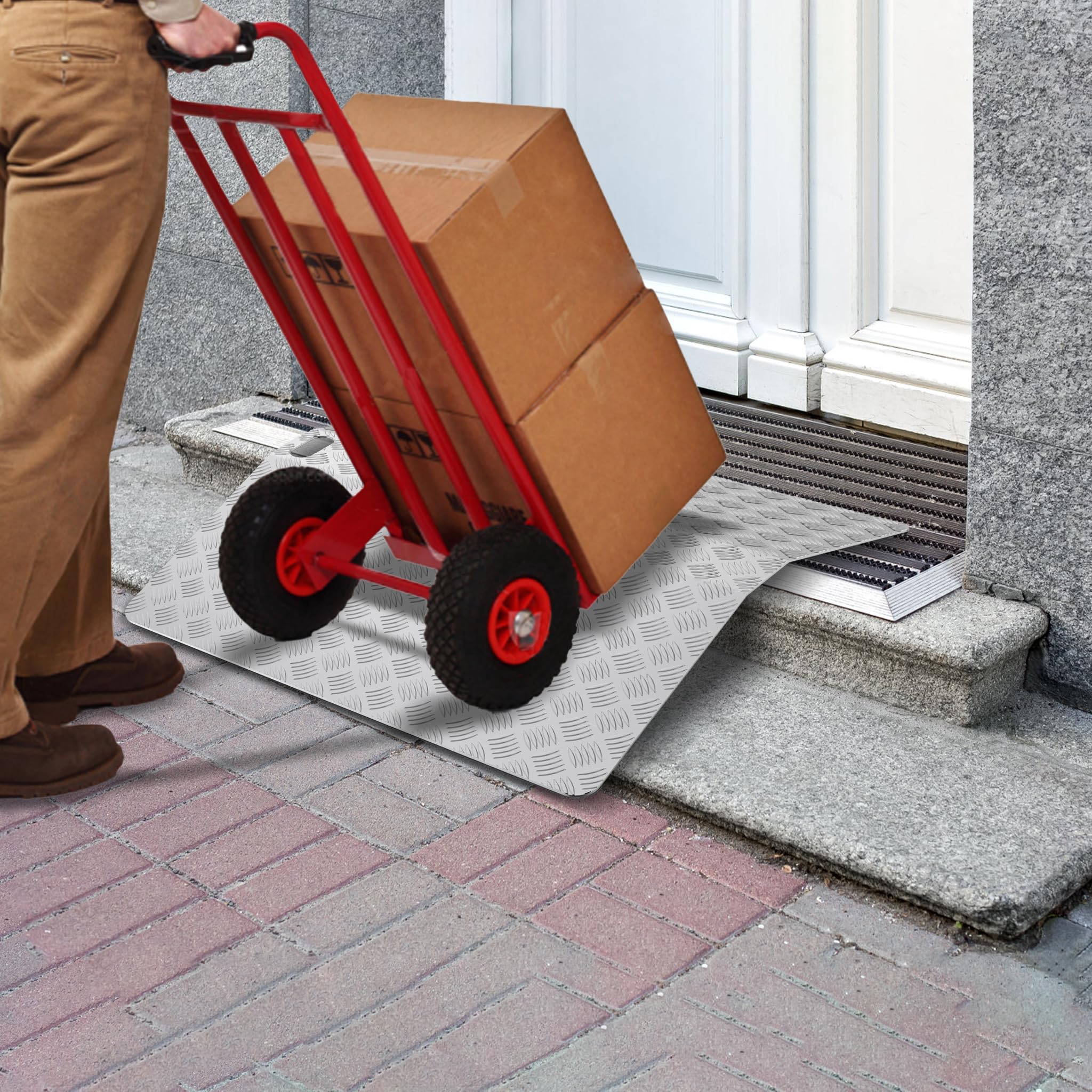 UISEBRT Rampe de seuil de porte, pour fauteuil roulant, en aluminium, antidérapante, portable, avec poignées, capacité de charge 270 kg (100 x 70 x 10 cm)