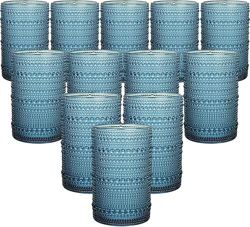 Juego de 12 vasos vintage con textura de hobnail de 15 onzas, vasos de barra azul en relieve para cócteles, cerveza, whisky, vasos altos aptos para