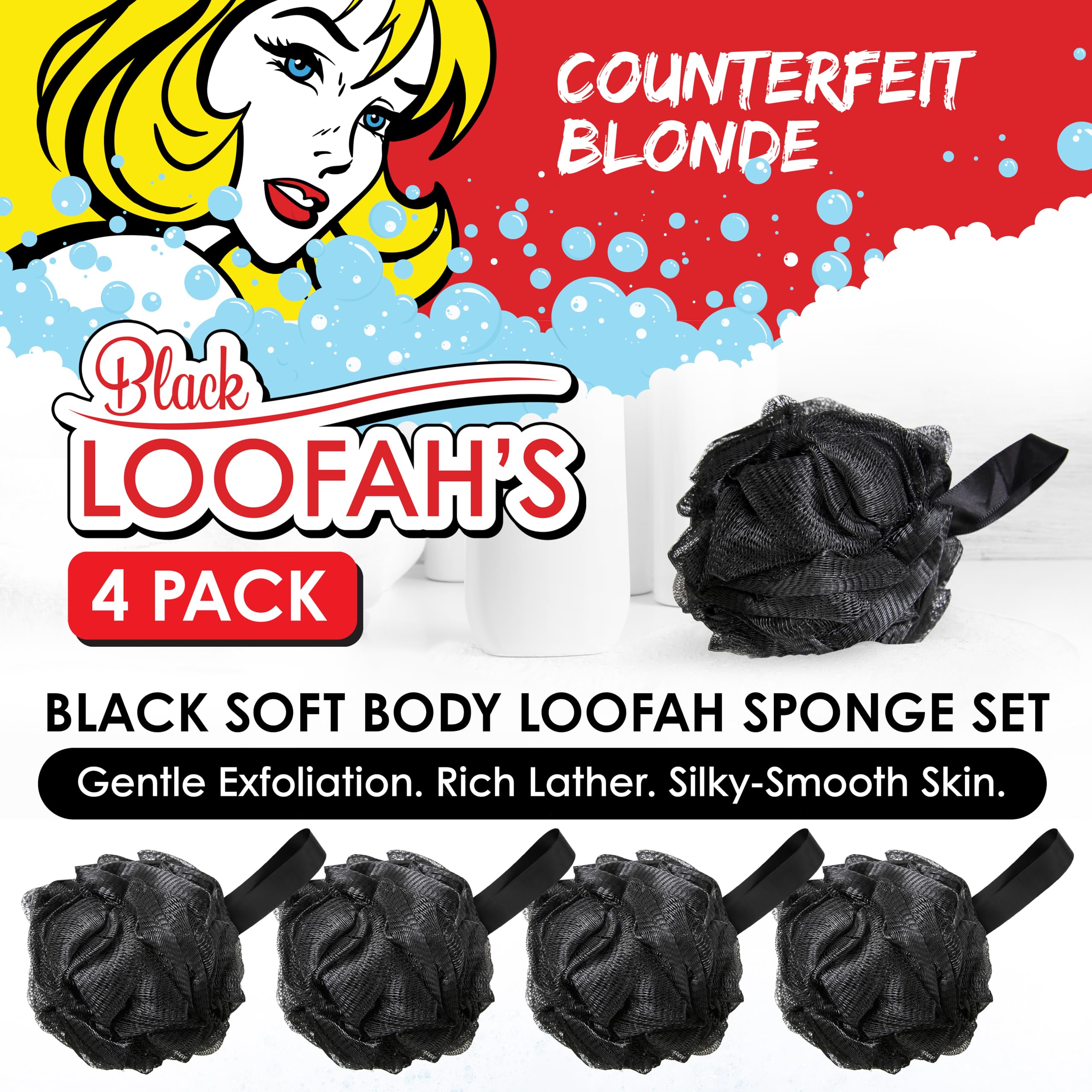 Black Loofah Gąbki pod prysznic I (4-pak) Płuczki do ciała do użytku pod prysznicem I gąbki do kąpieli do szorowania pod prysznic do ciała I Loofah złuszczająca szczotka do ciała akcesoria prysznicowe