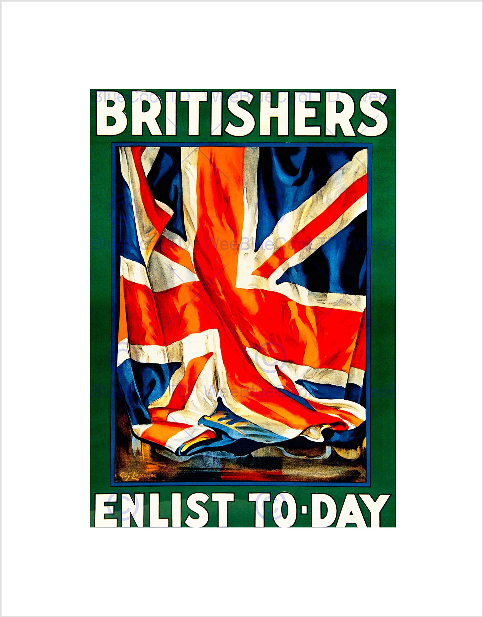 Wee Blue Coo WAR WWI UK BRITISHERS ENLIST UNION FLAG JACK UK FRAMED ART PRINT MOUNT B12X7702