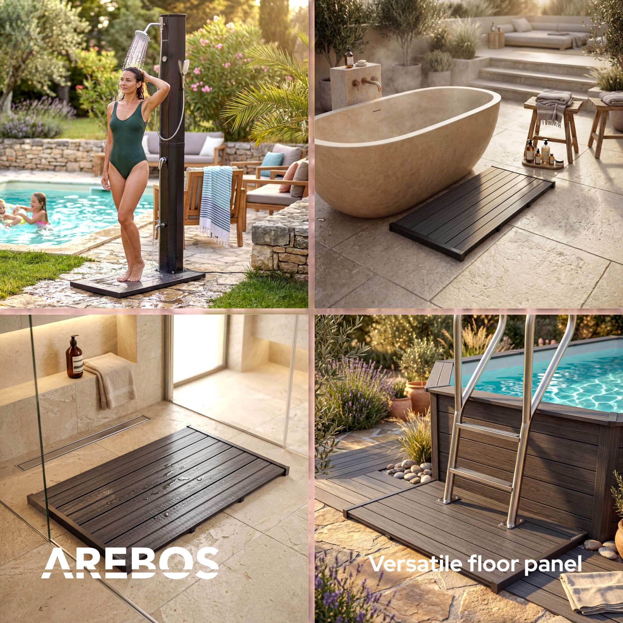Arebos Elemento de suelo para ducha de jardín | antideslizante e impermeable | placa de suelo de PVC | compatible con tornillos | resistente a la intemperie y estable | ideal para ducha solar, terraza
