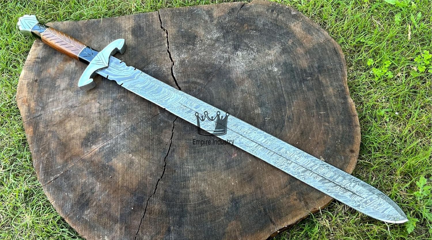 Empire - 32 Inch Long - Handmade Damascus Steel Double Edge Medieval Sword with Sheath - Micarta & Rose Wood Grip - Sharp Edges - Hand Forged Hunting Sword - Best Gift for Him