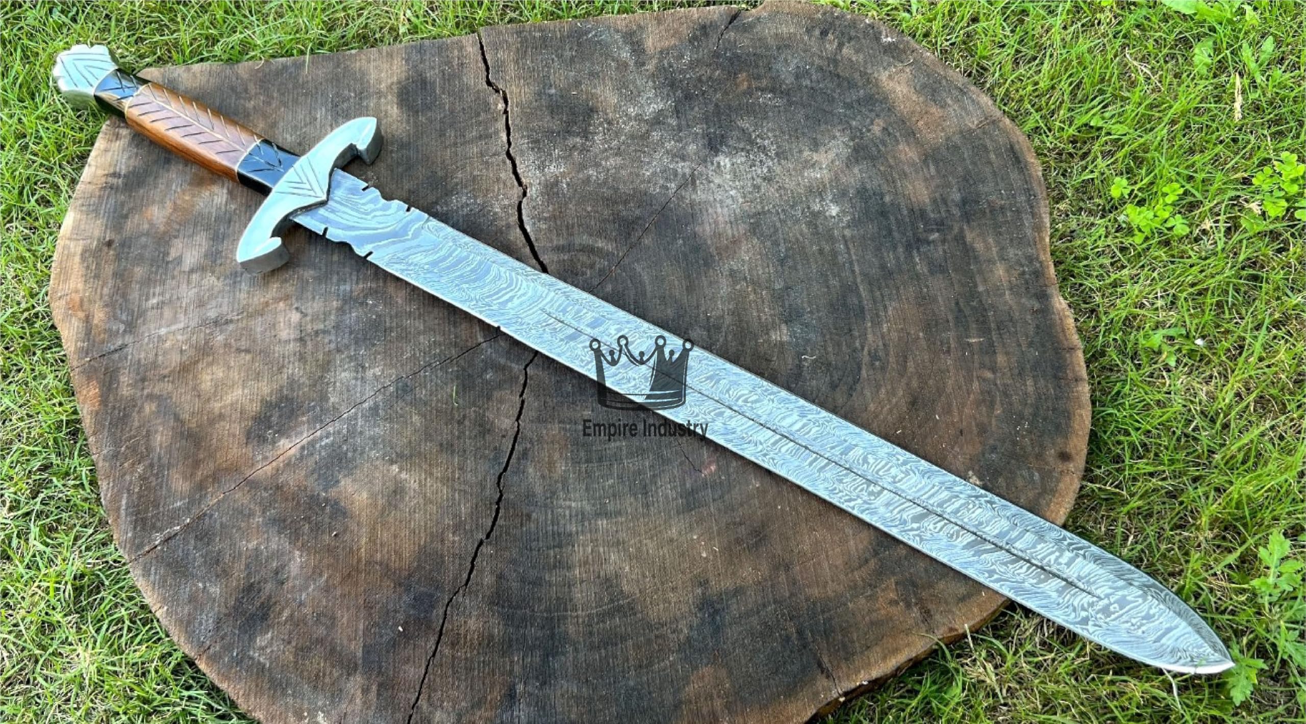 Empire - 32 Inch Long - Handmade Damascus Steel Double Edge Medieval Sword with Sheath - Micarta & Rose Wood Grip - Sharp Edges - Hand Forged Hunting Sword - Best Gift for Him