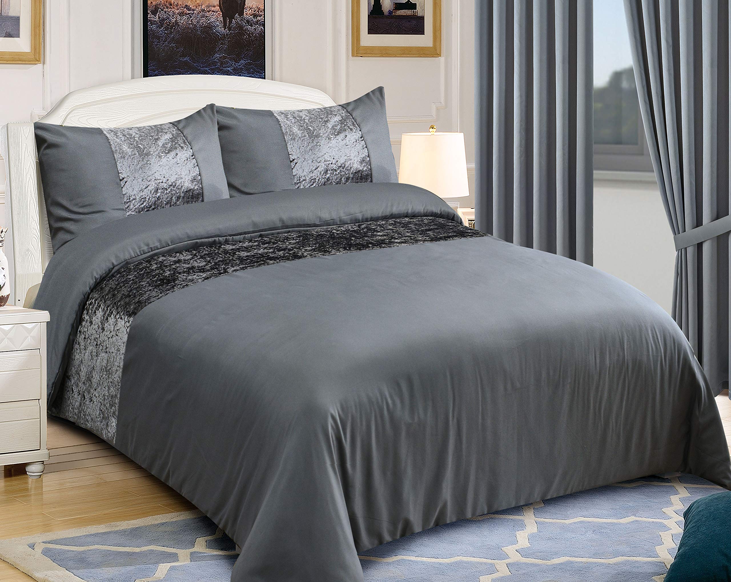 ZIMEL HOMES-Crushed Velvet Microfiber Panel Duvet Quilt Cover Bedding Set with Pillowcases – Double size (200cm X 200cm)