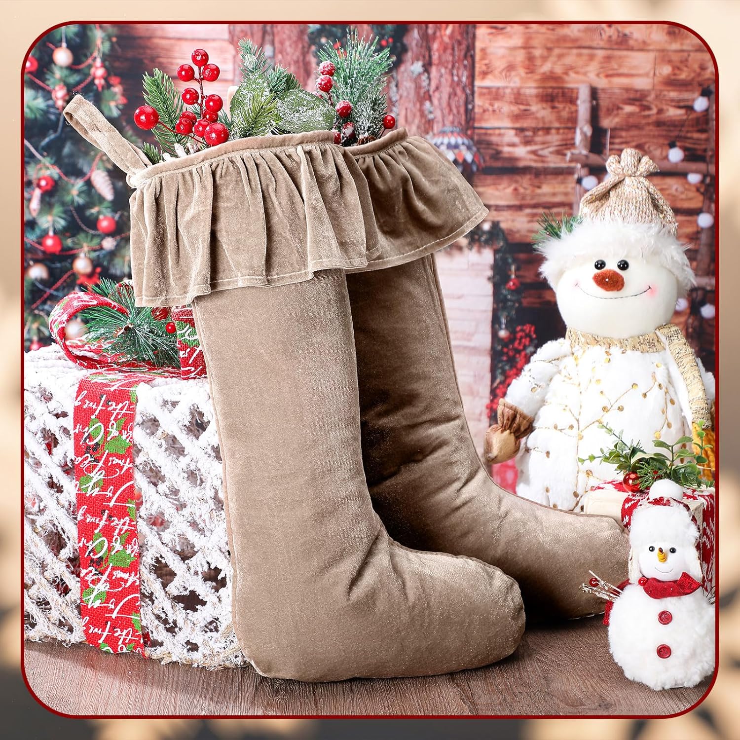 4 Pcs 11.8 x 19 Large Brown Velvet Christmas Stocking Xmas Plush Stocking Fireplace Decor Hanging Christmas Socks Gift Fillers Suffer Bags for Family Xmas Tree Hanging Ornament